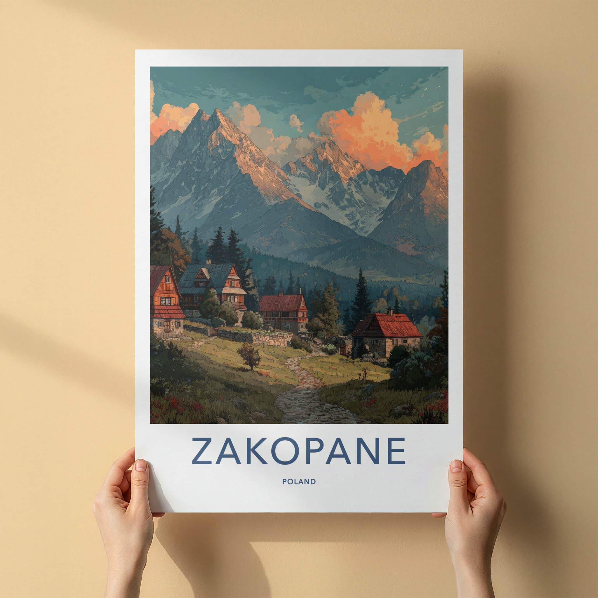 Zakopane Poster - Poland Travel Art - Mountain Village Sunset Wall Decor