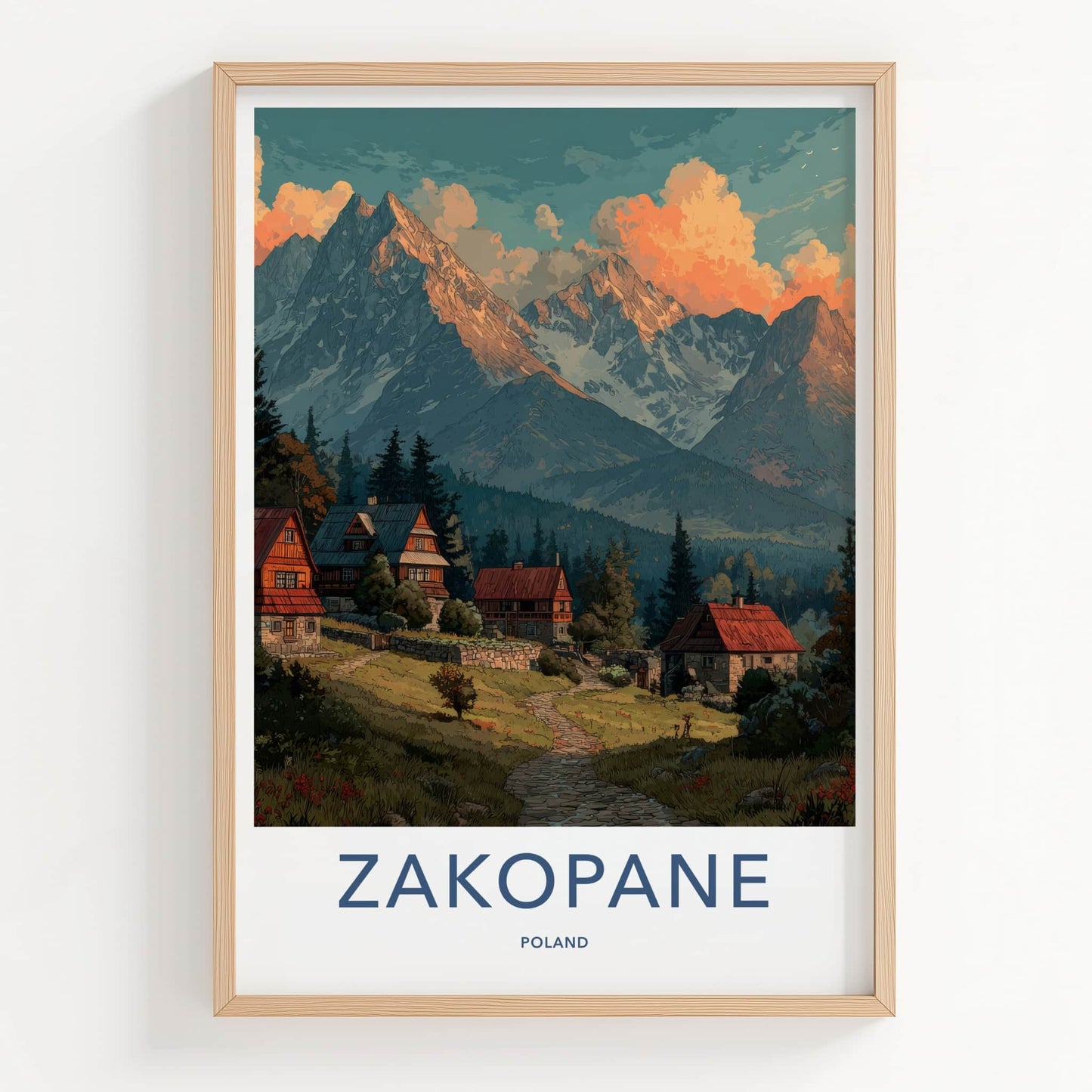 Zakopane Poster - Poland Travel Art - Mountain Village Sunset Wall Decor