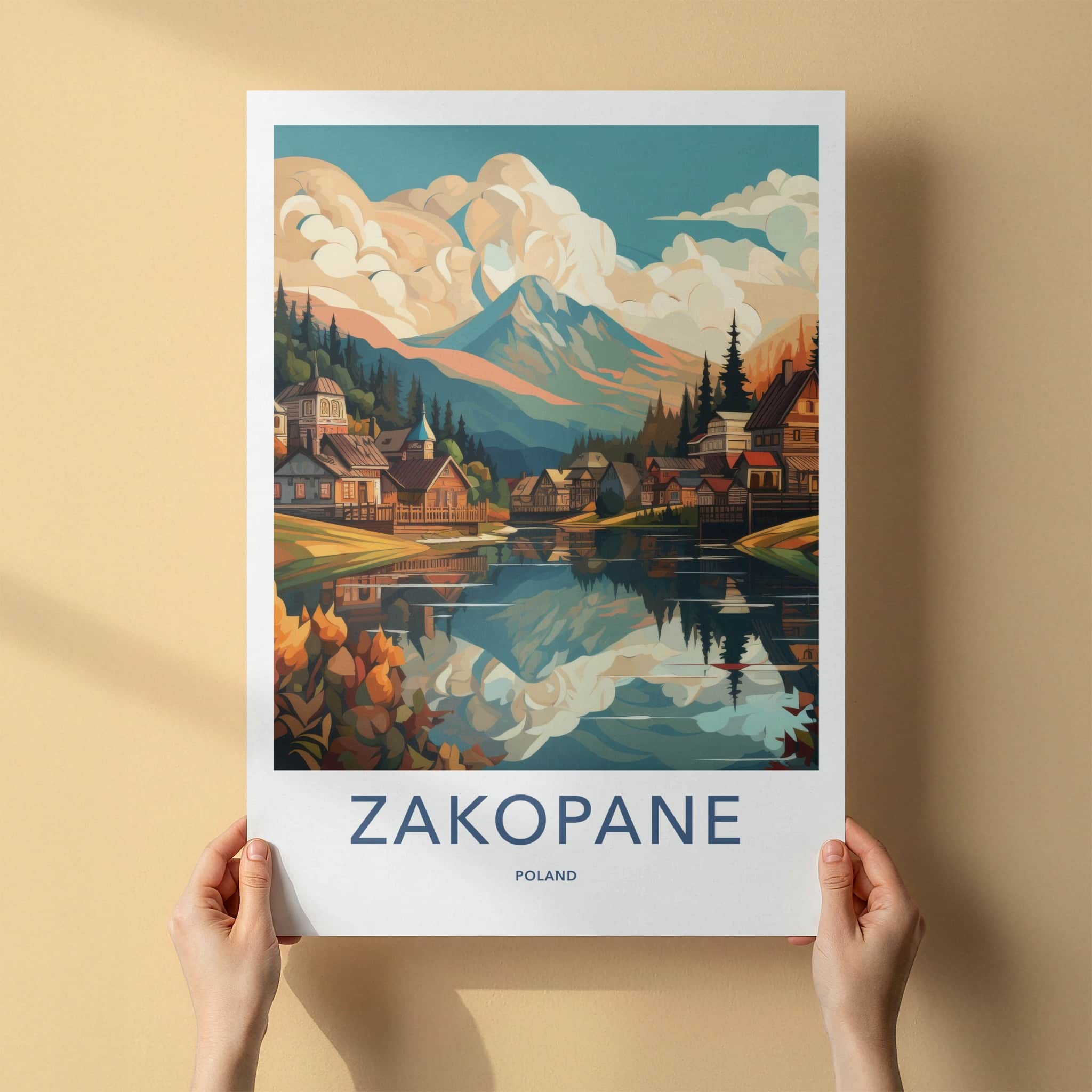 Zakopane Poster - Poland Travel Art - Reflected Mountain Village Home Decor