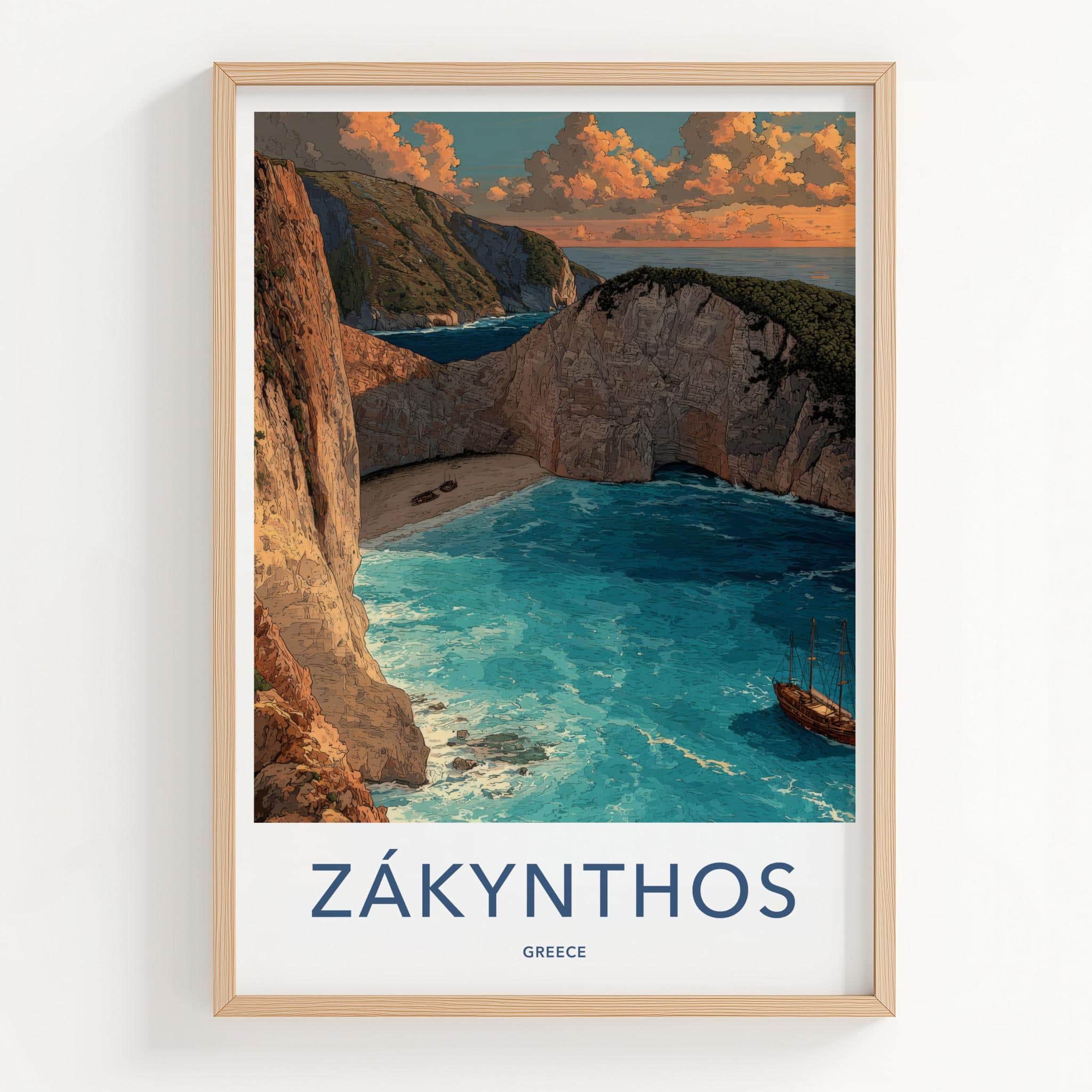 Zakynthos Poster - Greece Framed Print - Navagio Beach Cliffs Lounge Decor