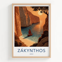 Zakynthos Poster - Greece Travel Art - Orange Cliff Sailboat Home Decor