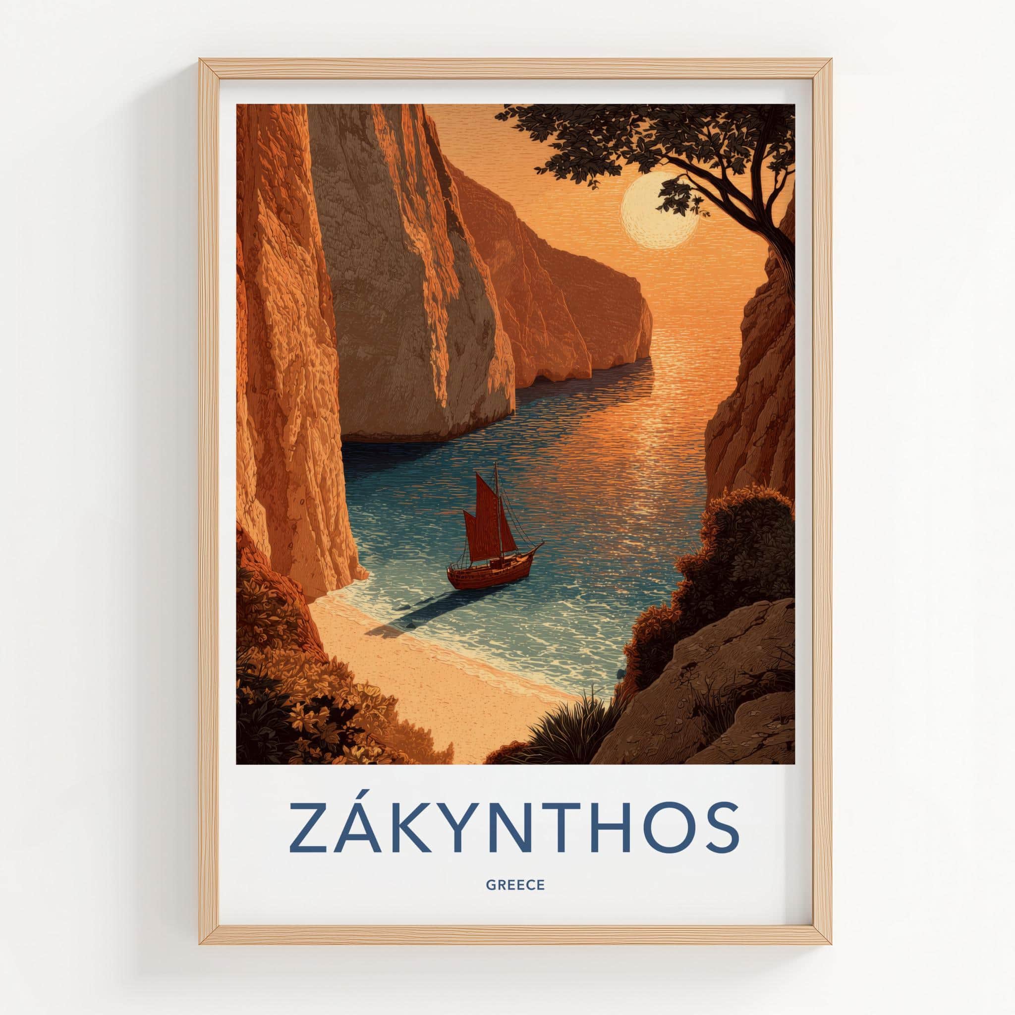 Zakynthos Poster - Greece Travel Art - Orange Cliff Sailboat Home Decor