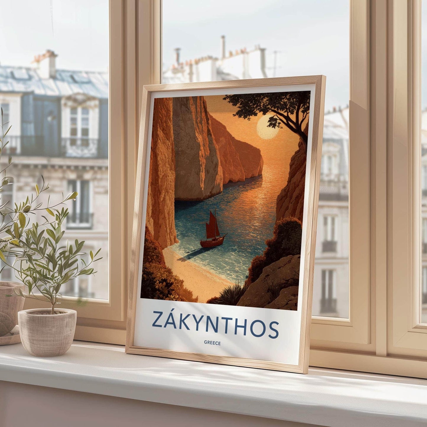 Zakynthos Poster - Greece Travel Art - Orange Cliff Sailboat Home Decor