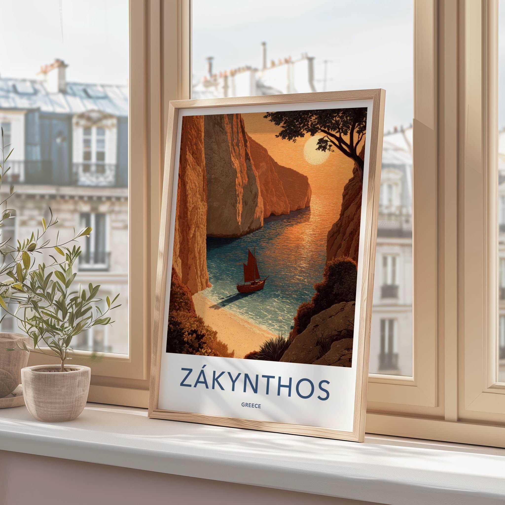 Zakynthos Poster - Greece Travel Art - Orange Cliff Sailboat Home Decor
