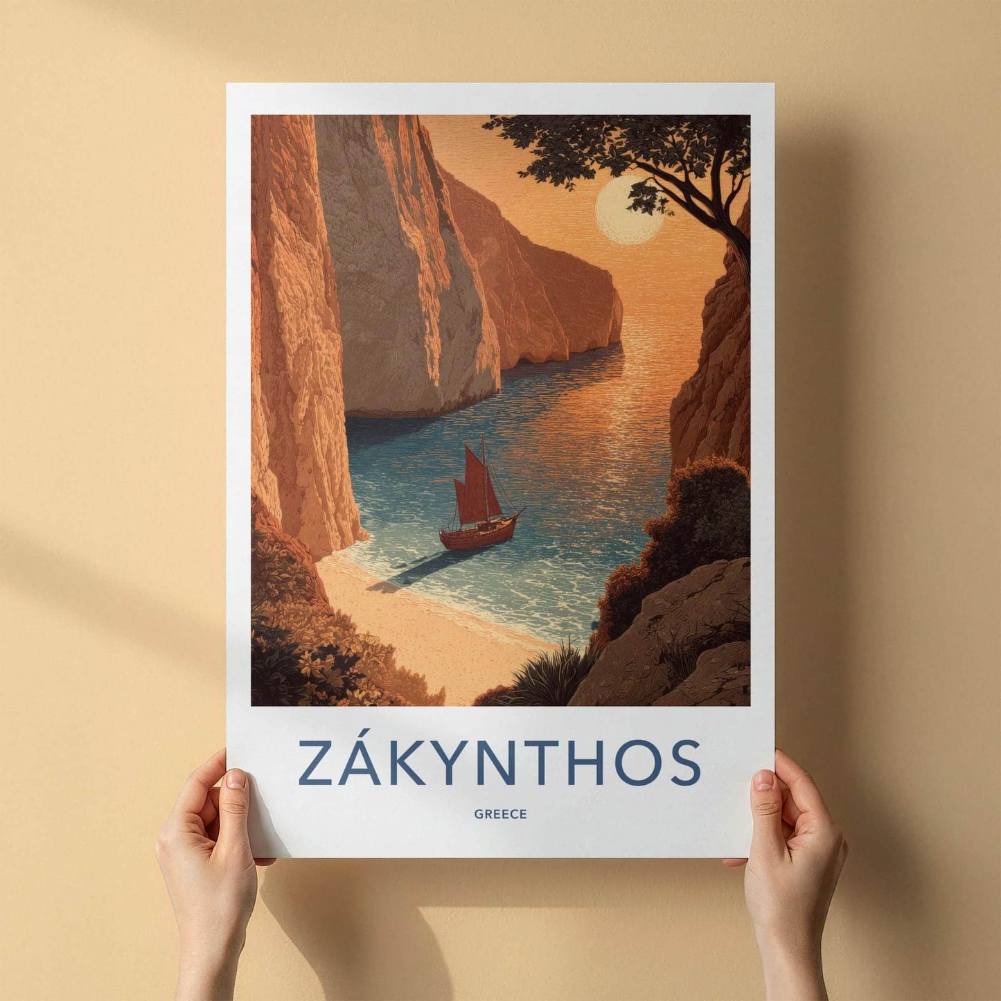 Zakynthos Poster - Greece Travel Art - Orange Cliff Sailboat Home Decor