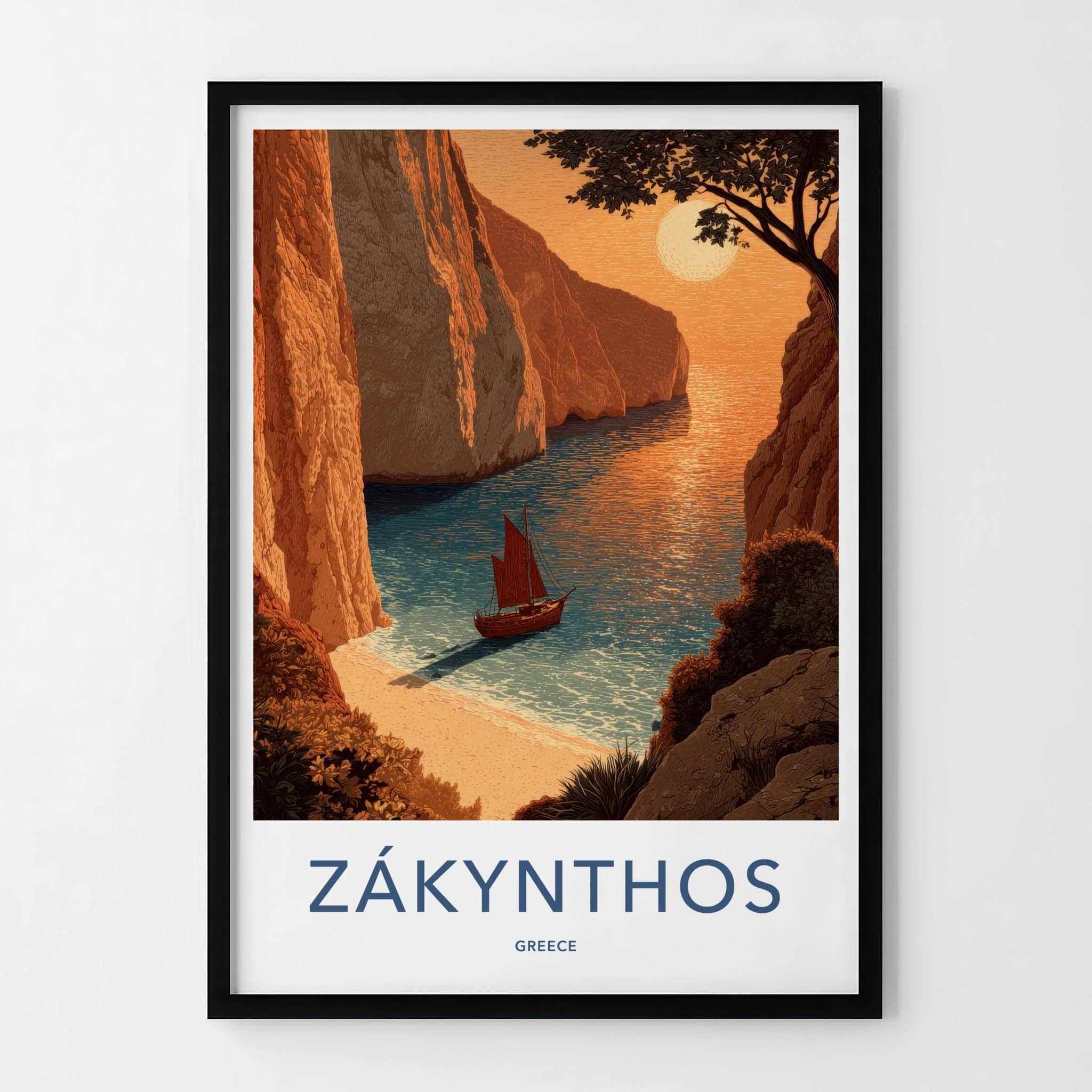 Zakynthos Poster - Greece Travel Art - Orange Cliff Sailboat Home Decor
