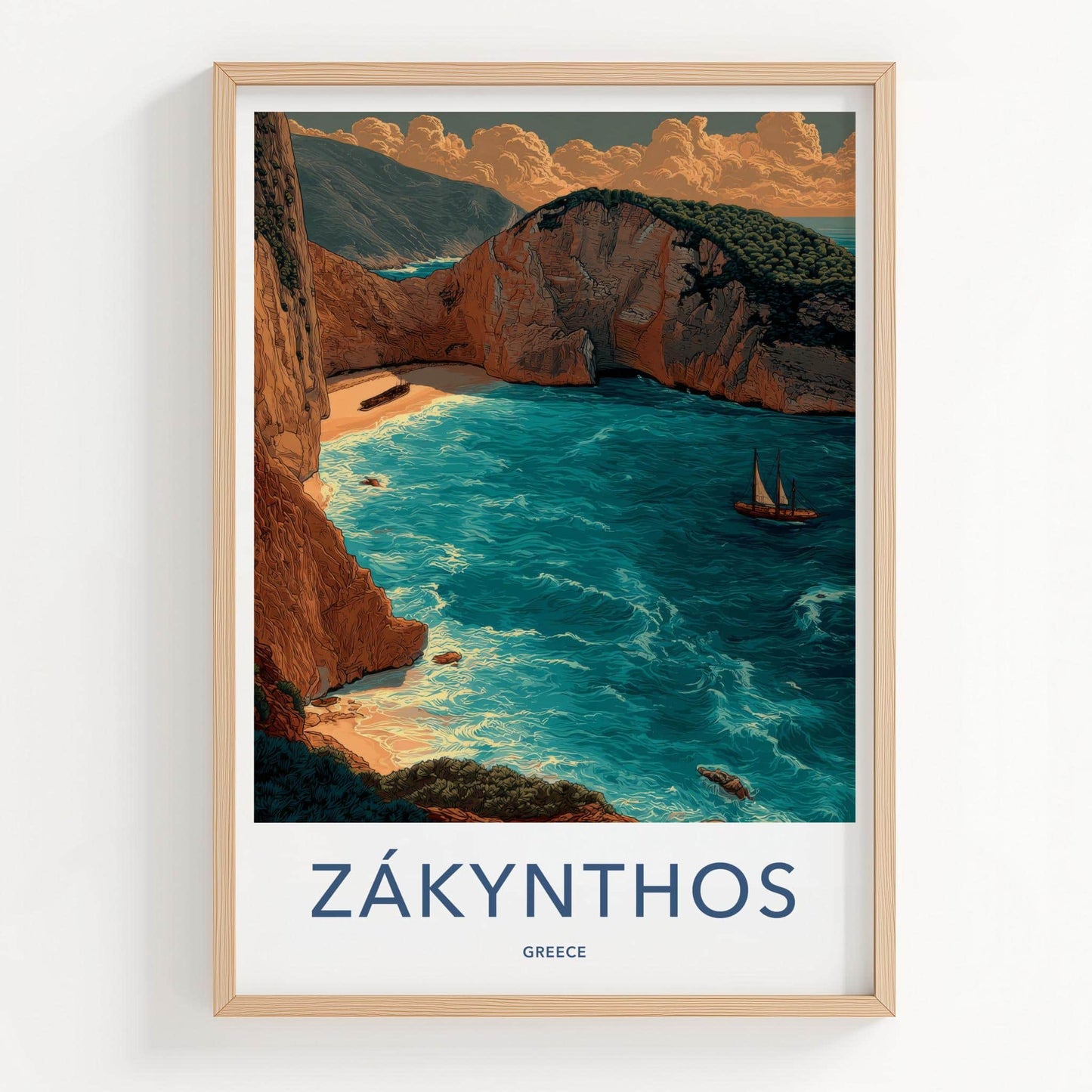 Zakynthos Poster - Greece Travel Art - Shipwreck Beach Cove Home Decor