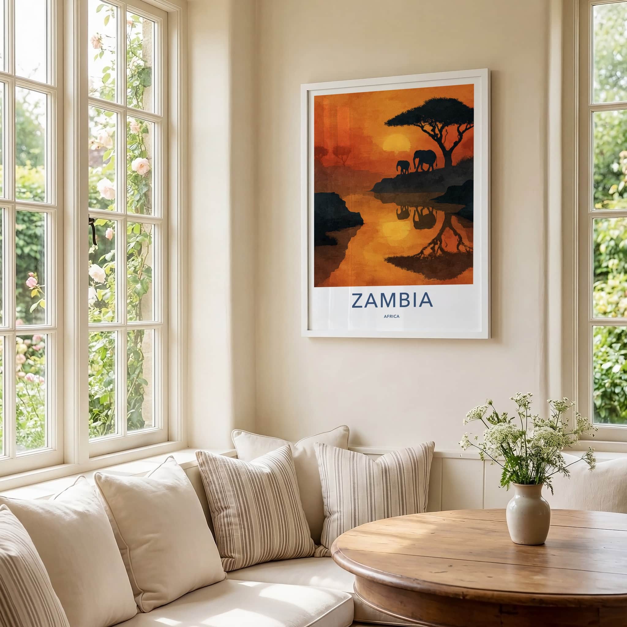 Zambia Poster - Africa Framed Art - Sunset Elephants River Gallery Art