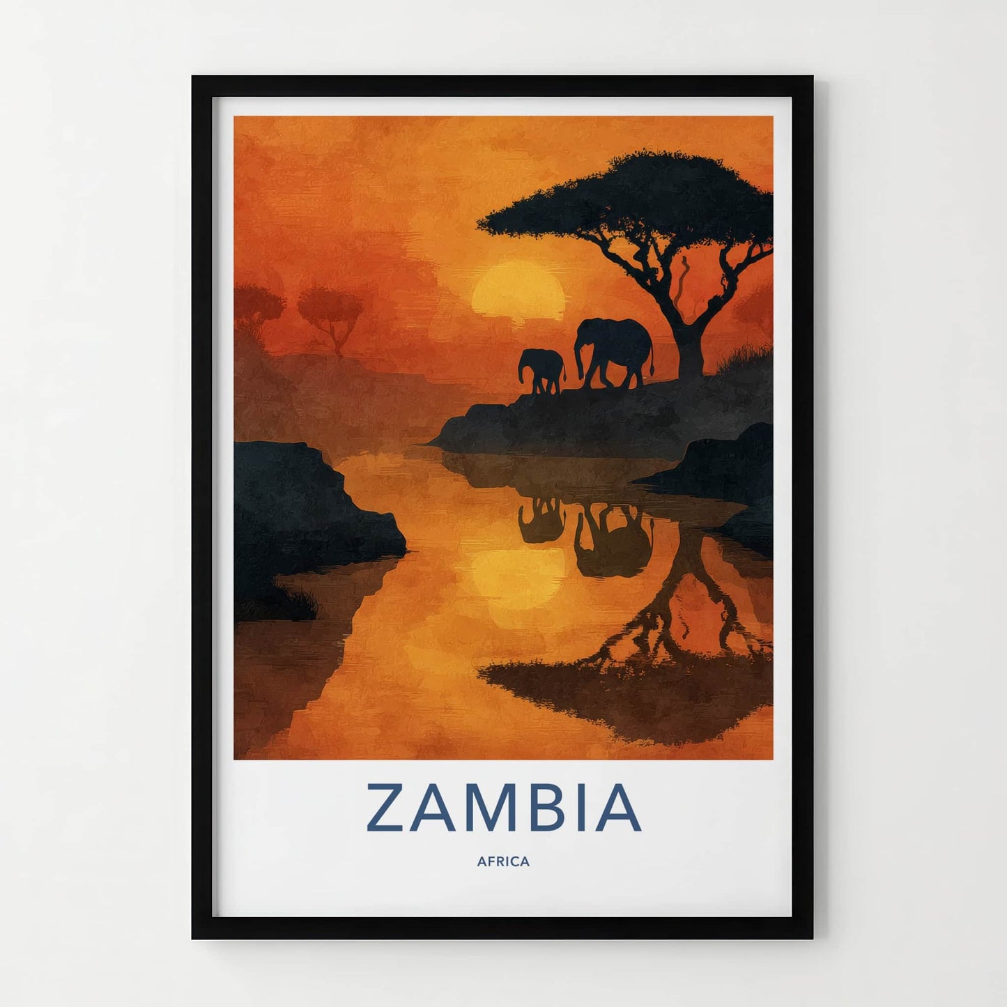 Zambia Poster - Africa Framed Art - Sunset Elephants River Gallery Art