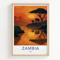 Zambia Poster - Africa Framed Art - Sunset Elephants River Gallery Art
