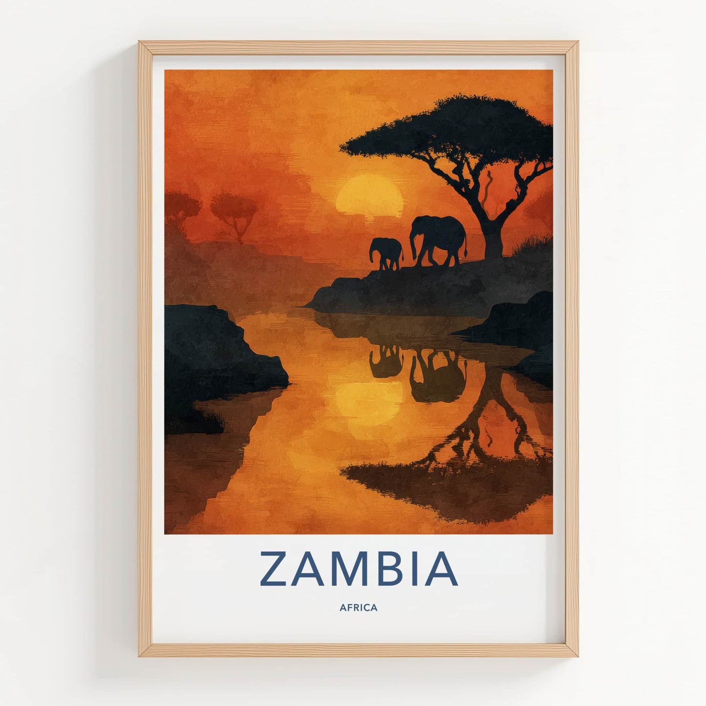 Zambia Poster - Africa Framed Art - Sunset Elephants River Gallery Art