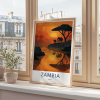 Zambia Poster - Africa Framed Art - Sunset Elephants River Gallery Art