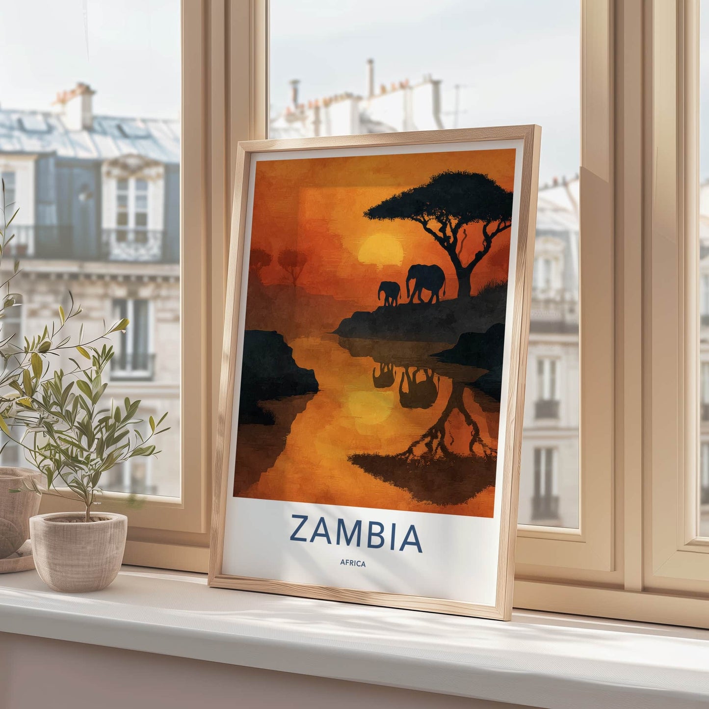 Zambia Poster - Africa Framed Art - Sunset Elephants River Gallery Art