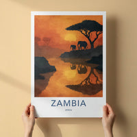 Zambia Poster - Africa Framed Art - Sunset Elephants River Gallery Art