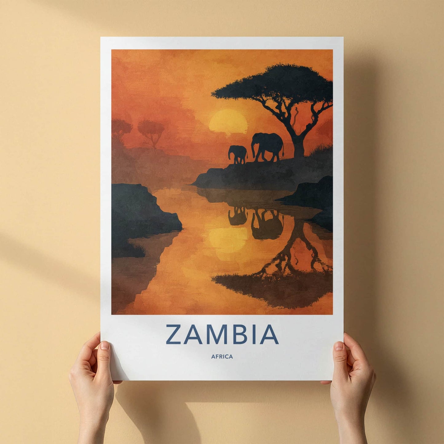 Zambia Poster - Africa Framed Art - Sunset Elephants River Gallery Art