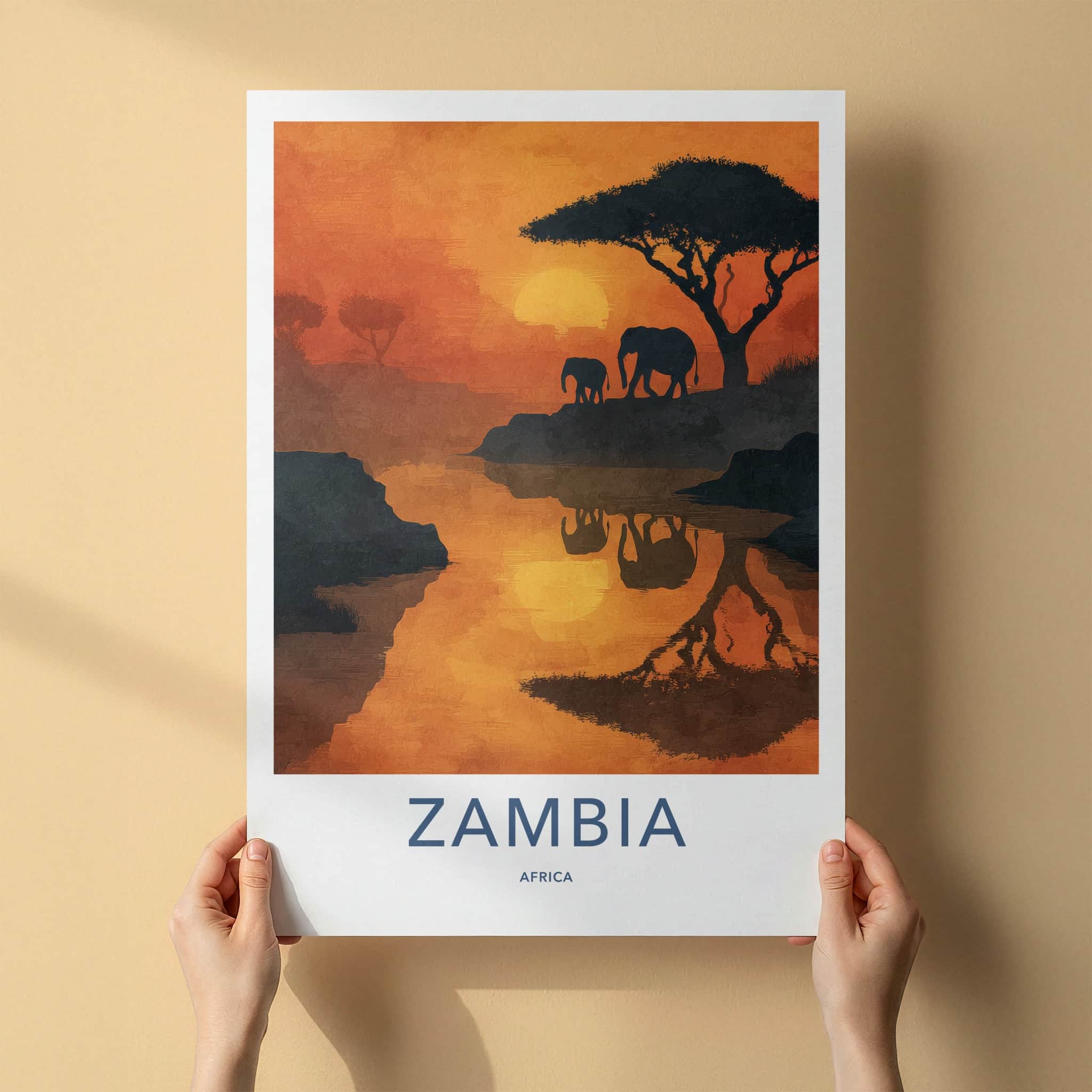 Zambia Poster - Africa Framed Art - Sunset Elephants River Gallery Art