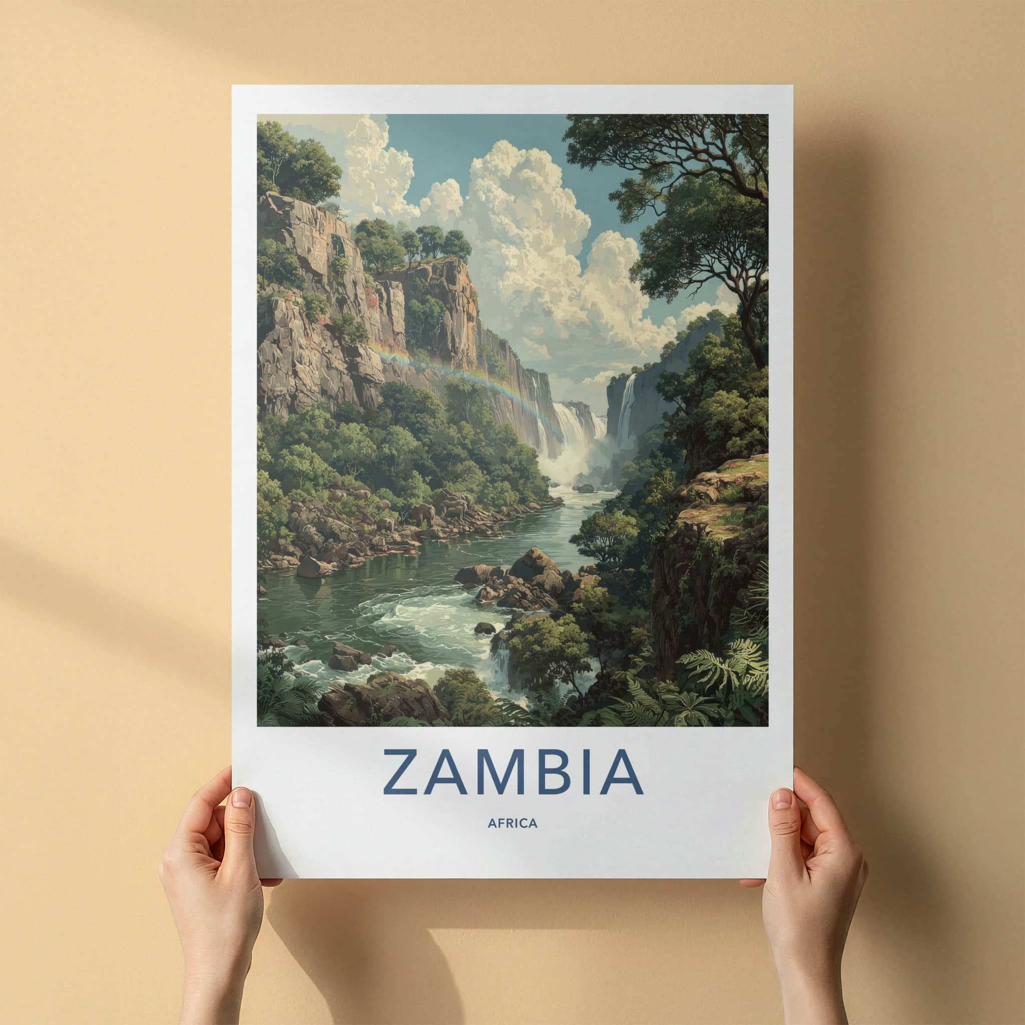 Zambia Poster - Africa Travel Art - Lush River Rainbow Home Decor