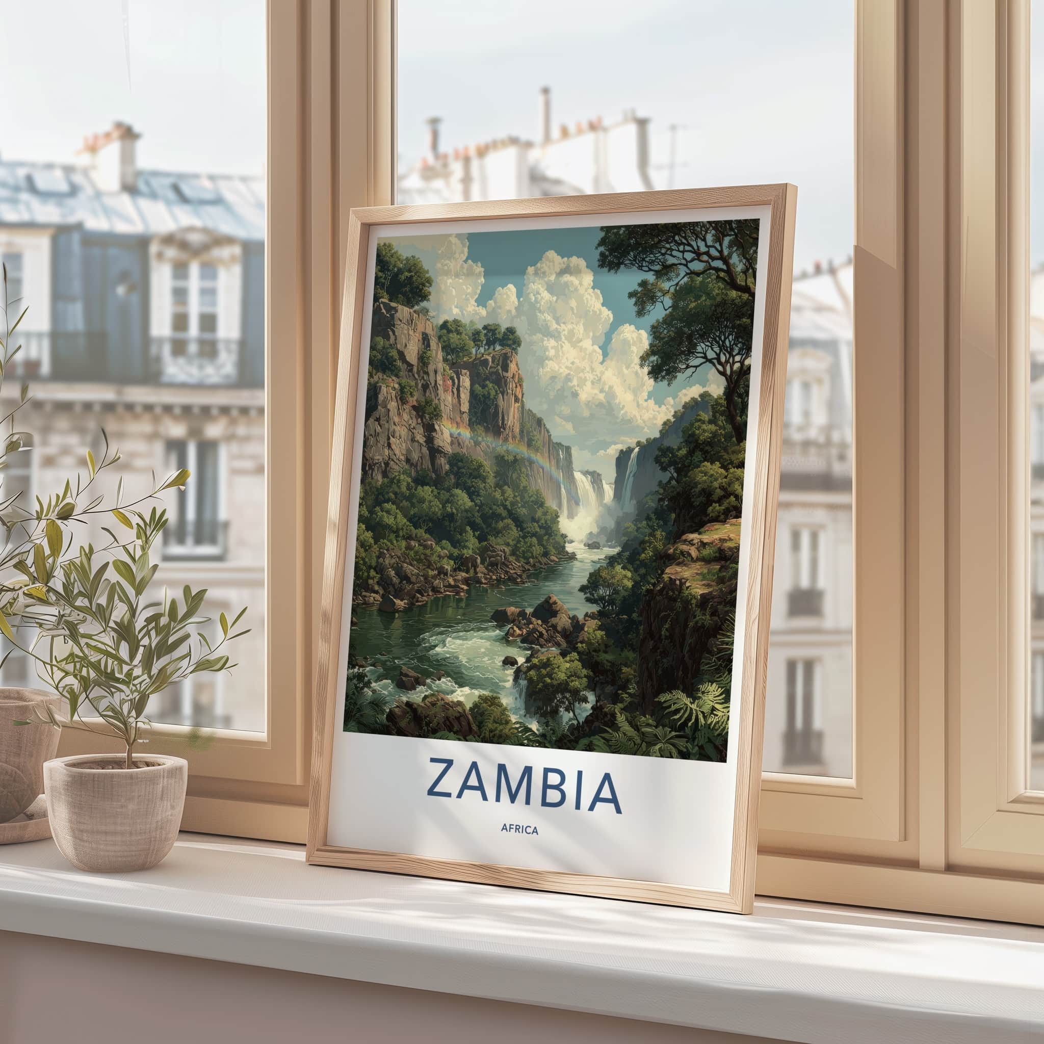 Zambia Poster - Africa Travel Art - Lush River Rainbow Home Decor