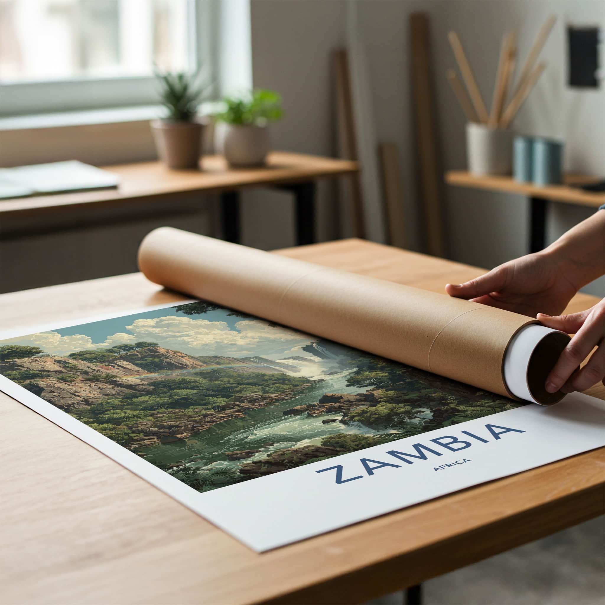 Zambia Poster - Africa Travel Art - Lush River Rainbow Home Decor