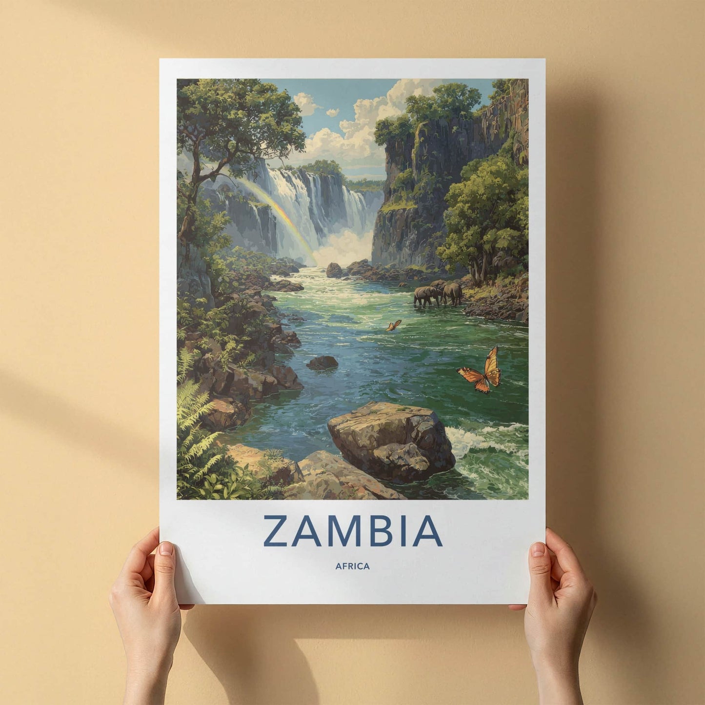 Zambia Poster - Zambia Travel Art - Cascading Falls Rainbow Home Decor