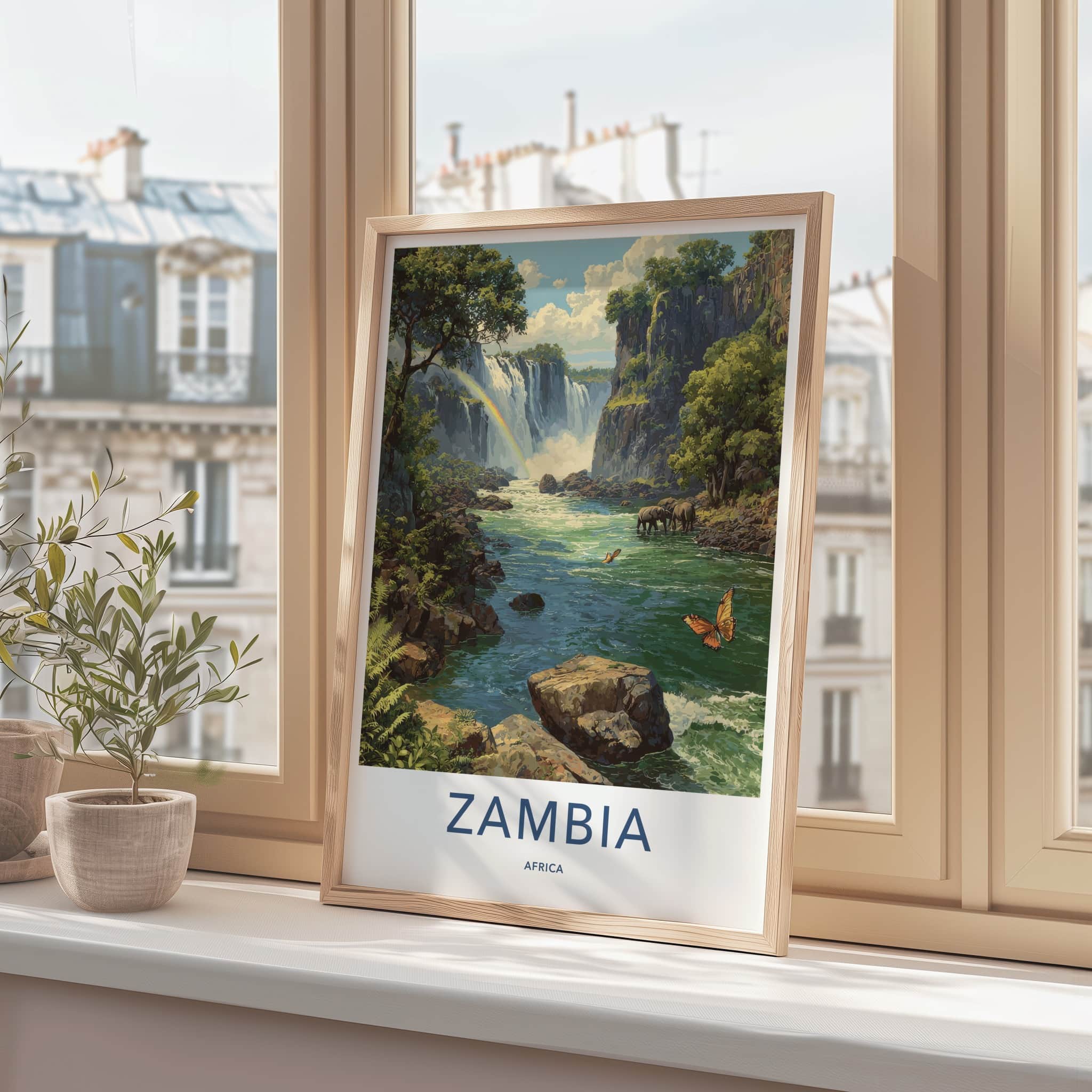 Zambia Poster - Zambia Travel Art - Cascading Falls Rainbow Home Decor