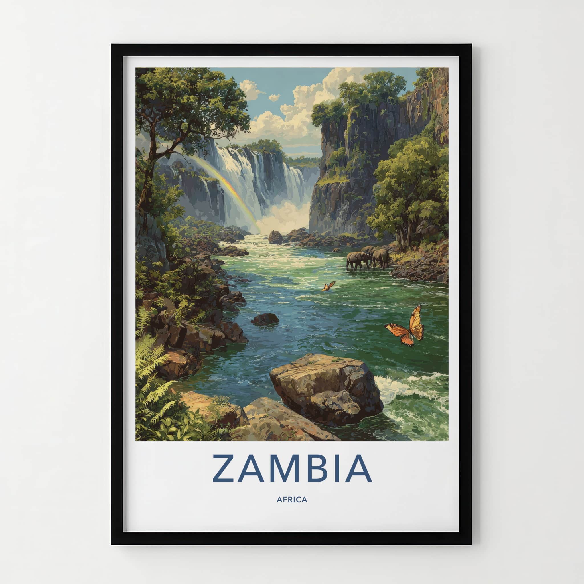 Zambia Poster - Zambia Travel Art - Cascading Falls Rainbow Home Decor