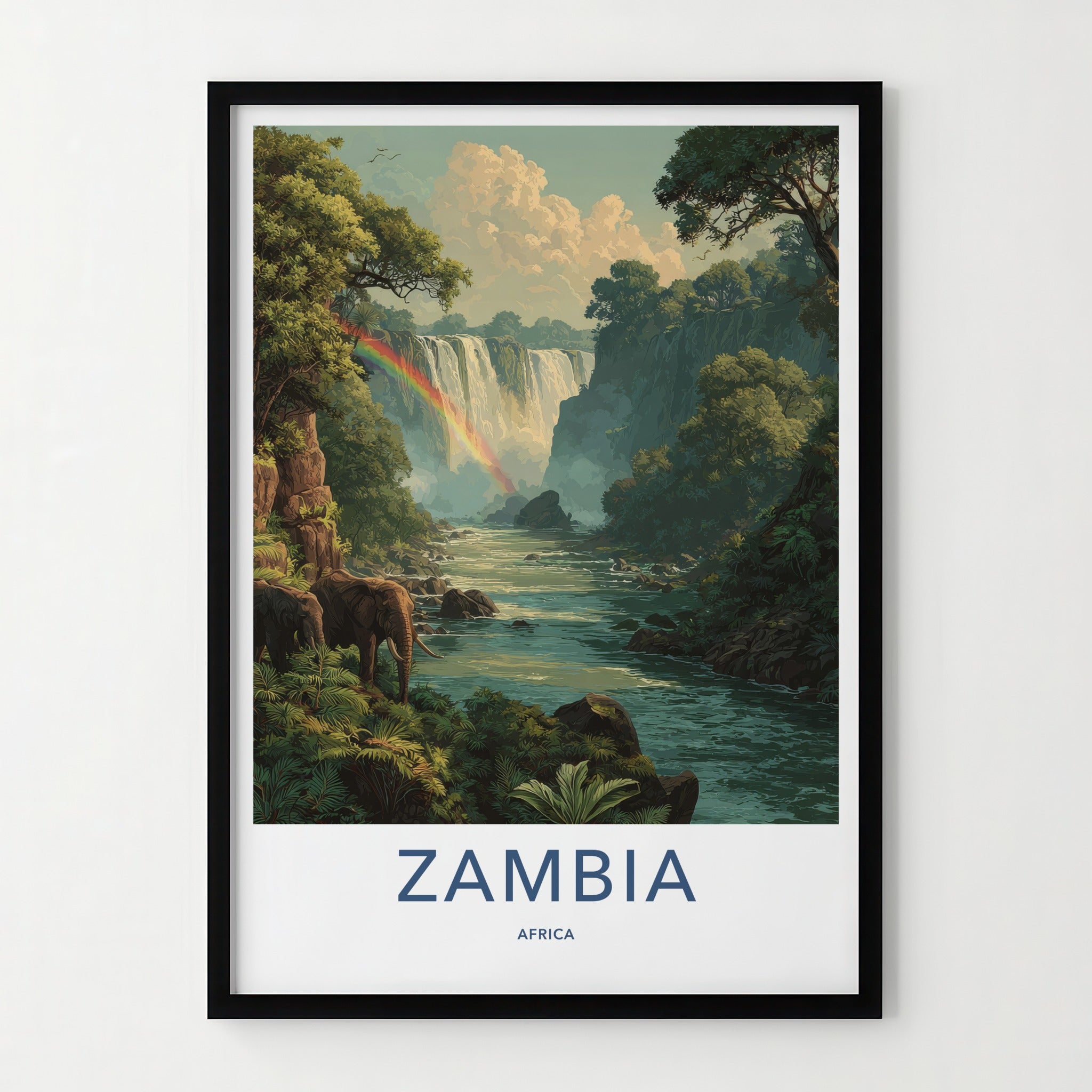 Zambia Poster - Zambia Travel Art - Cascading Rainbow Elephants Home Decor