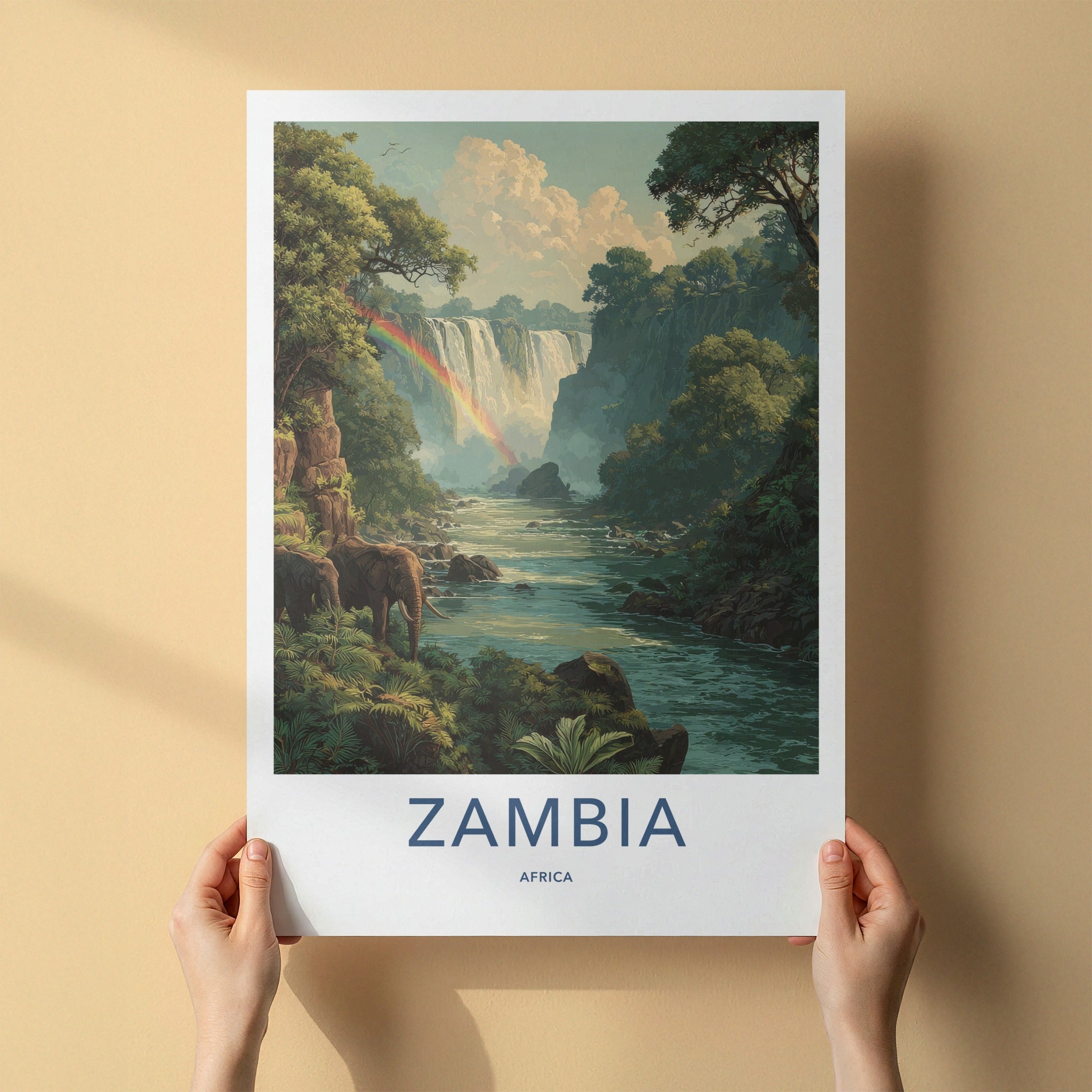 Zambia Poster - Zambia Travel Art - Cascading Rainbow Elephants Home Decor