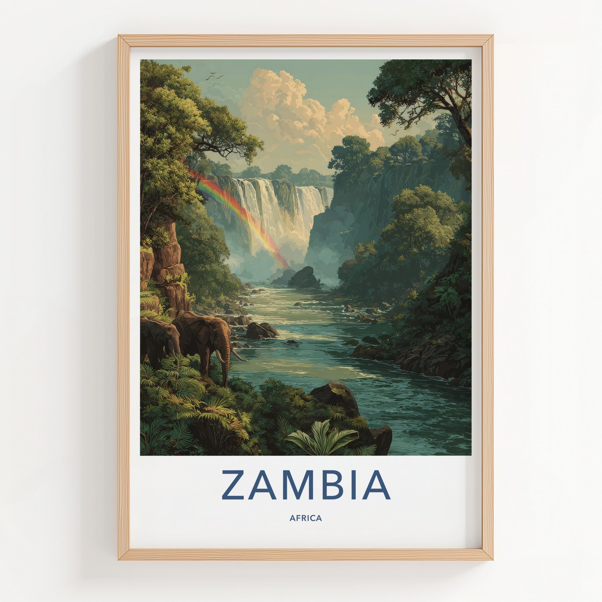 Zambia Poster - Zambia Travel Art - Cascading Rainbow Elephants Home Decor