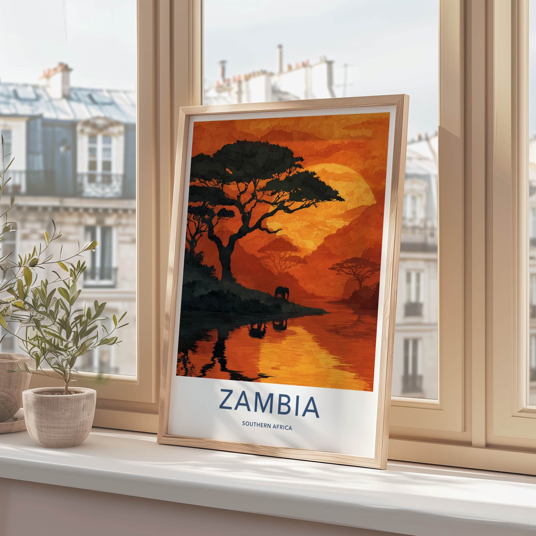 Zambia Poster - Zambia Travel Art - Sunset River Elephant Home Decor