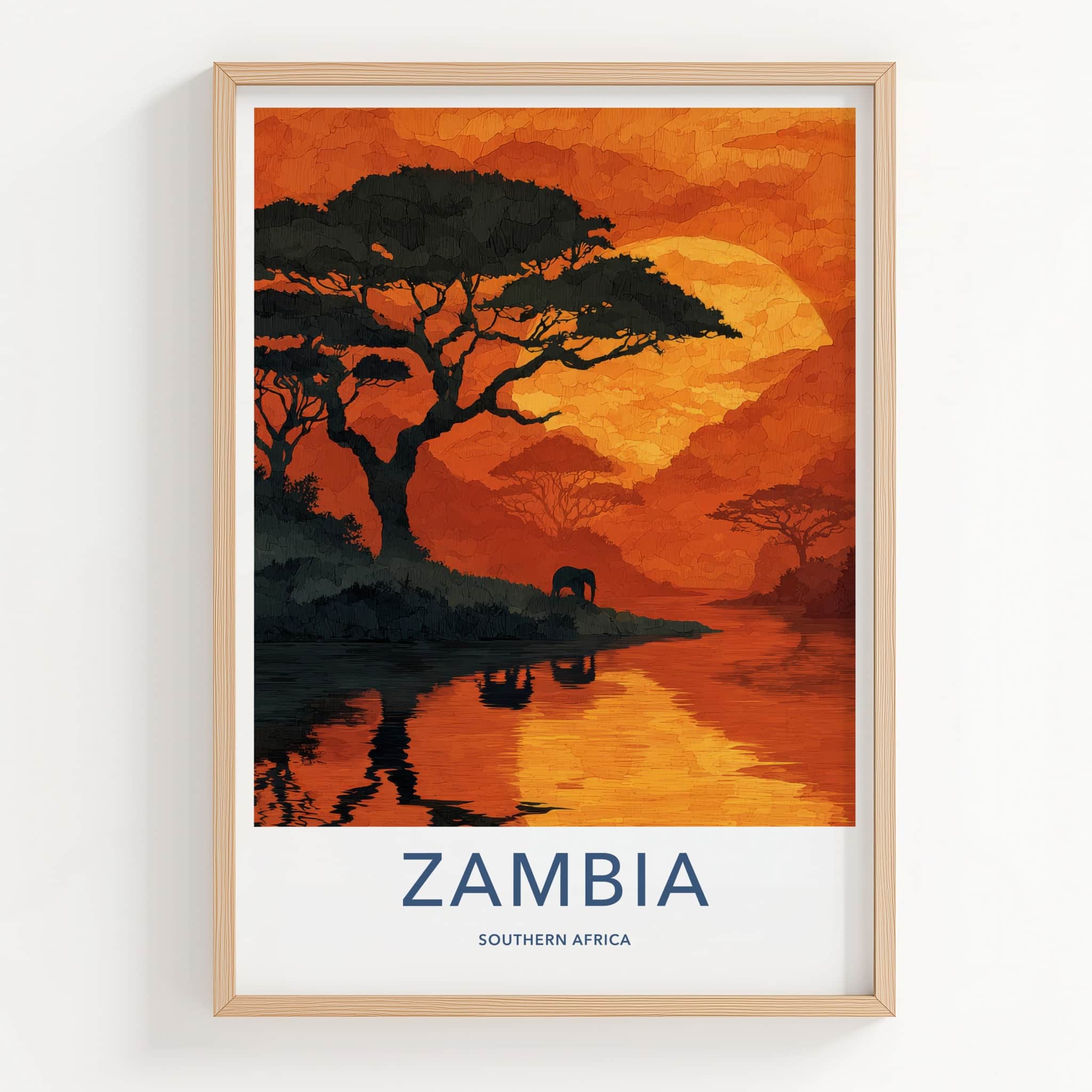 Zambia Poster - Zambia Travel Art - Sunset River Elephant Home Decor