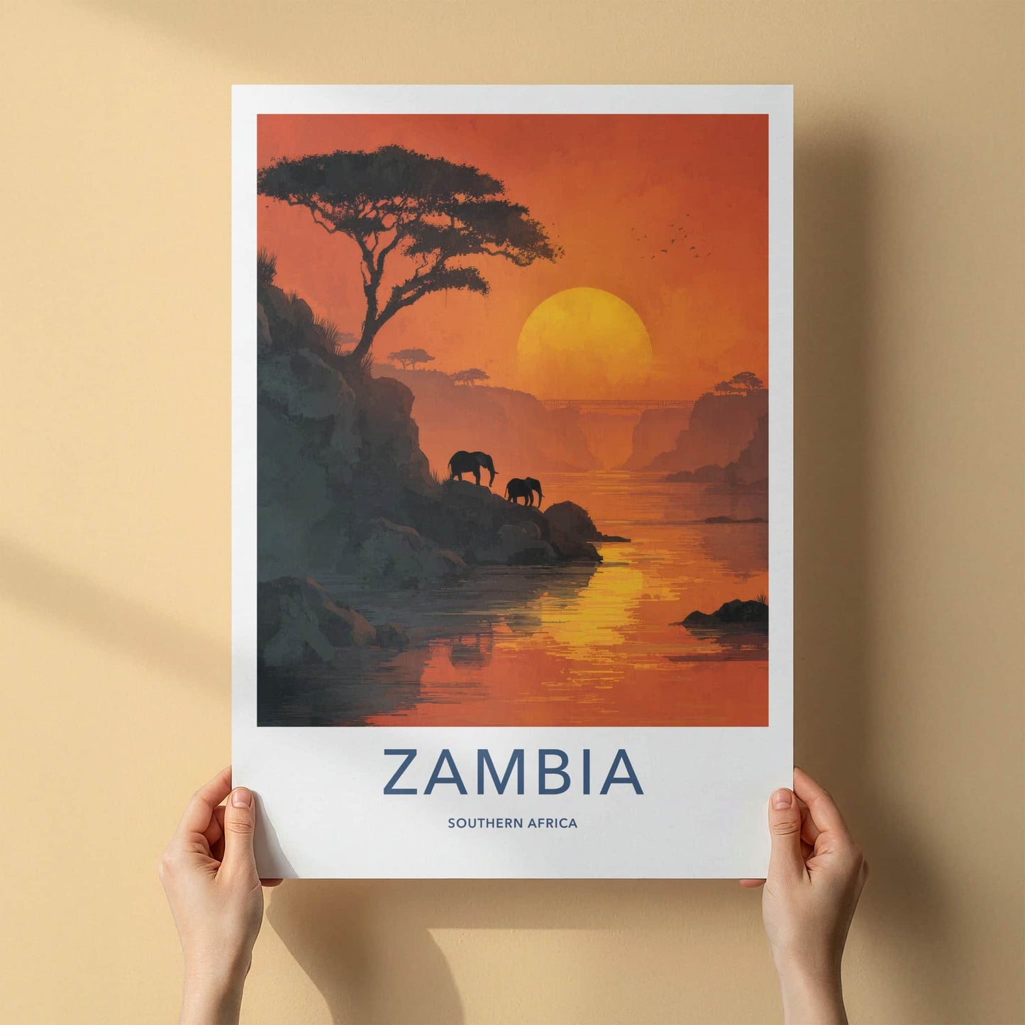 Zambia Poster - Zambia Travel Art - Sunset River Elephants Home Decor