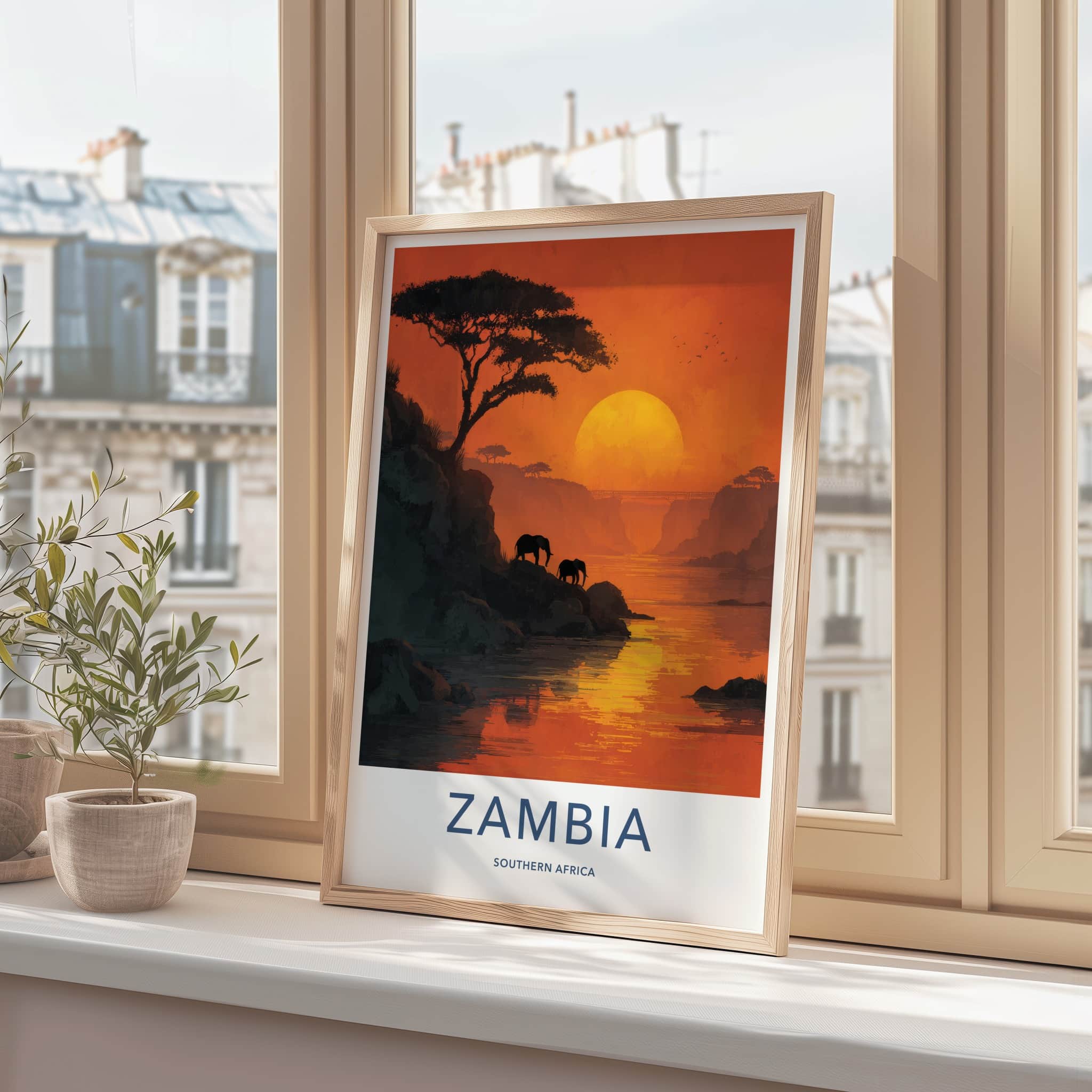 Zambia Poster - Zambia Travel Art - Sunset River Elephants Home Decor
