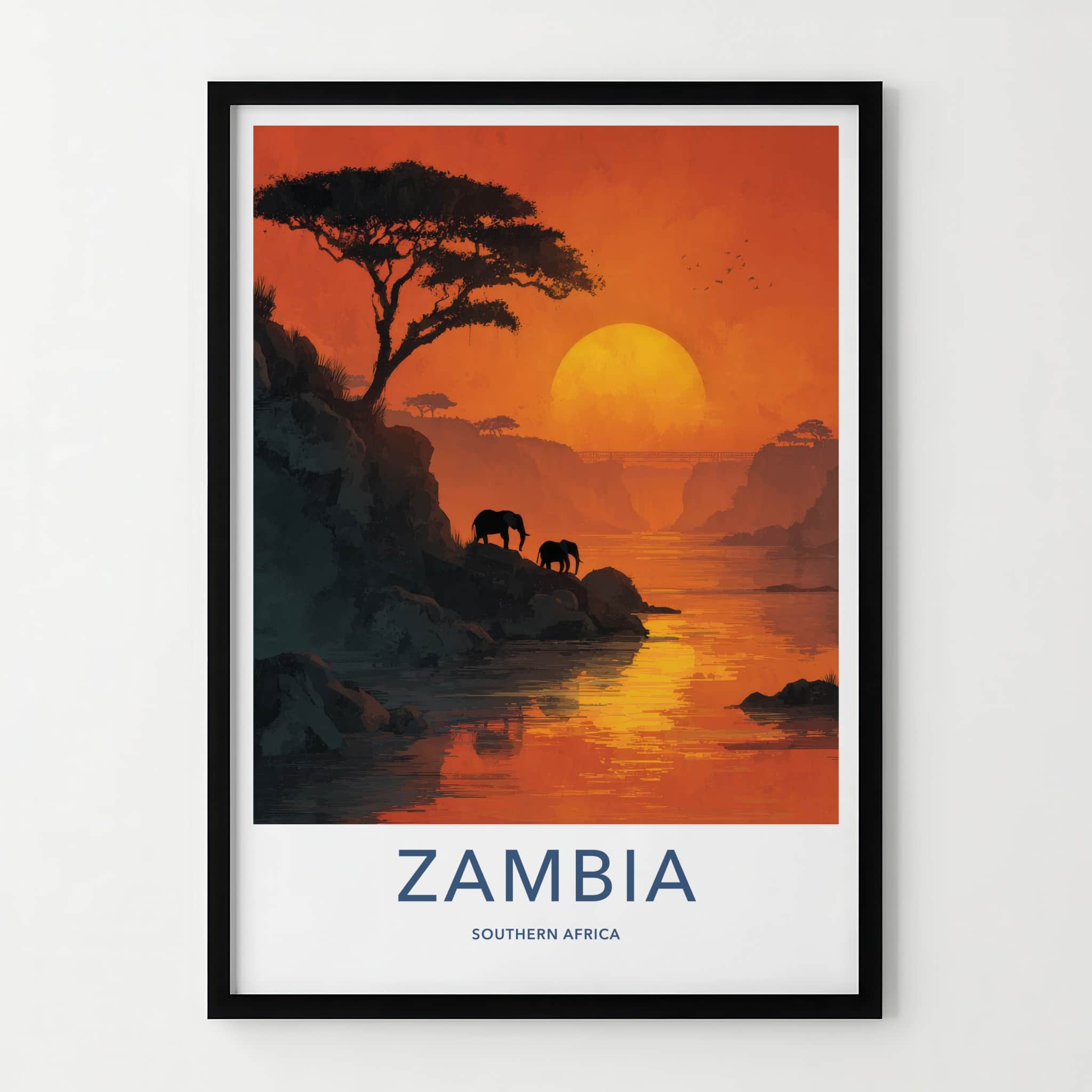 Zambia Poster - Zambia Travel Art - Sunset River Elephants Home Decor