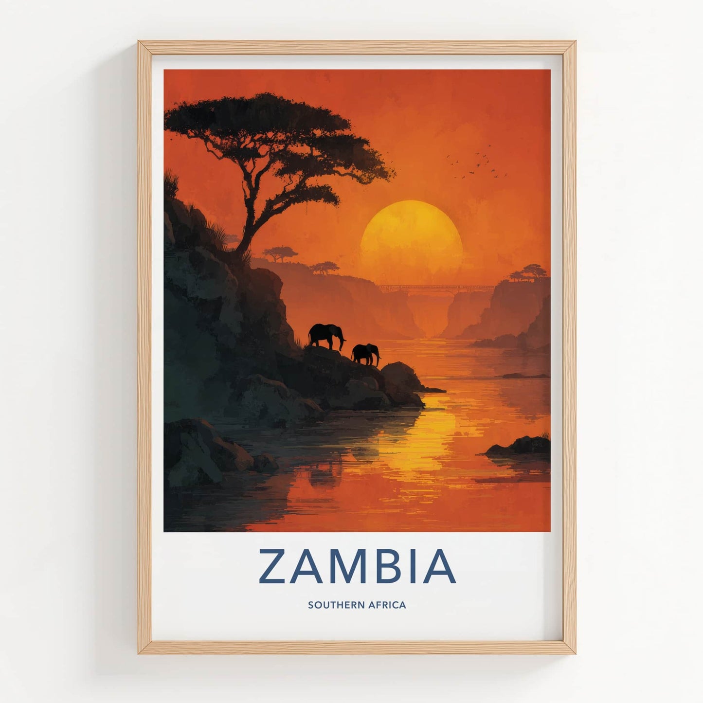 Zambia Poster - Zambia Travel Art - Sunset River Elephants Home Decor