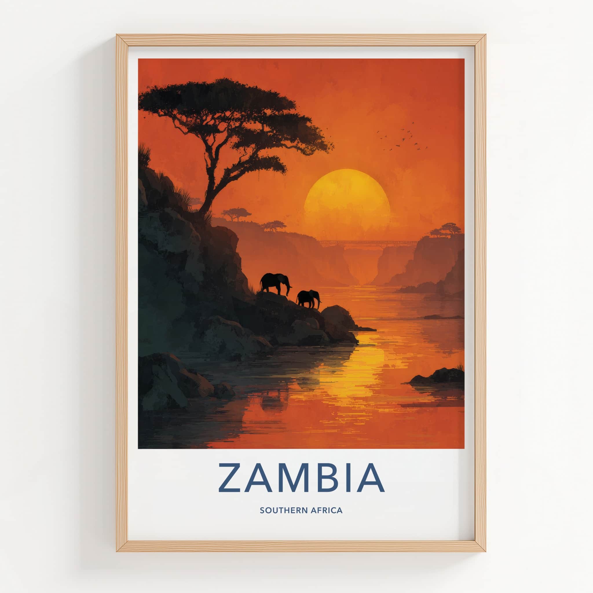 Zambia Poster - Zambia Travel Art - Sunset River Elephants Home Decor