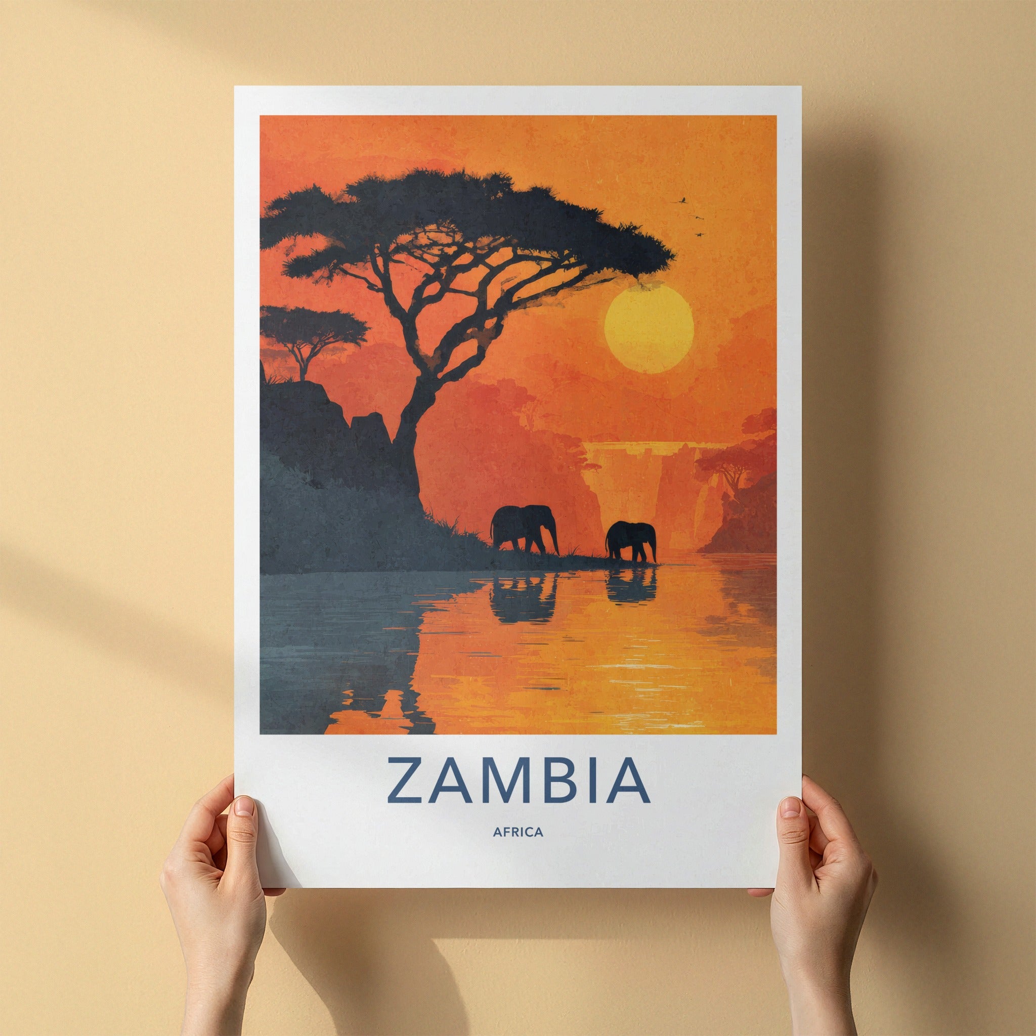 Zambia Poster - Zambia Travel Print - Elephants Sunset Lake Home Decor