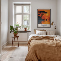 Zambia Poster - Zambia Travel Print - Elephants Sunset Lake Home Decor