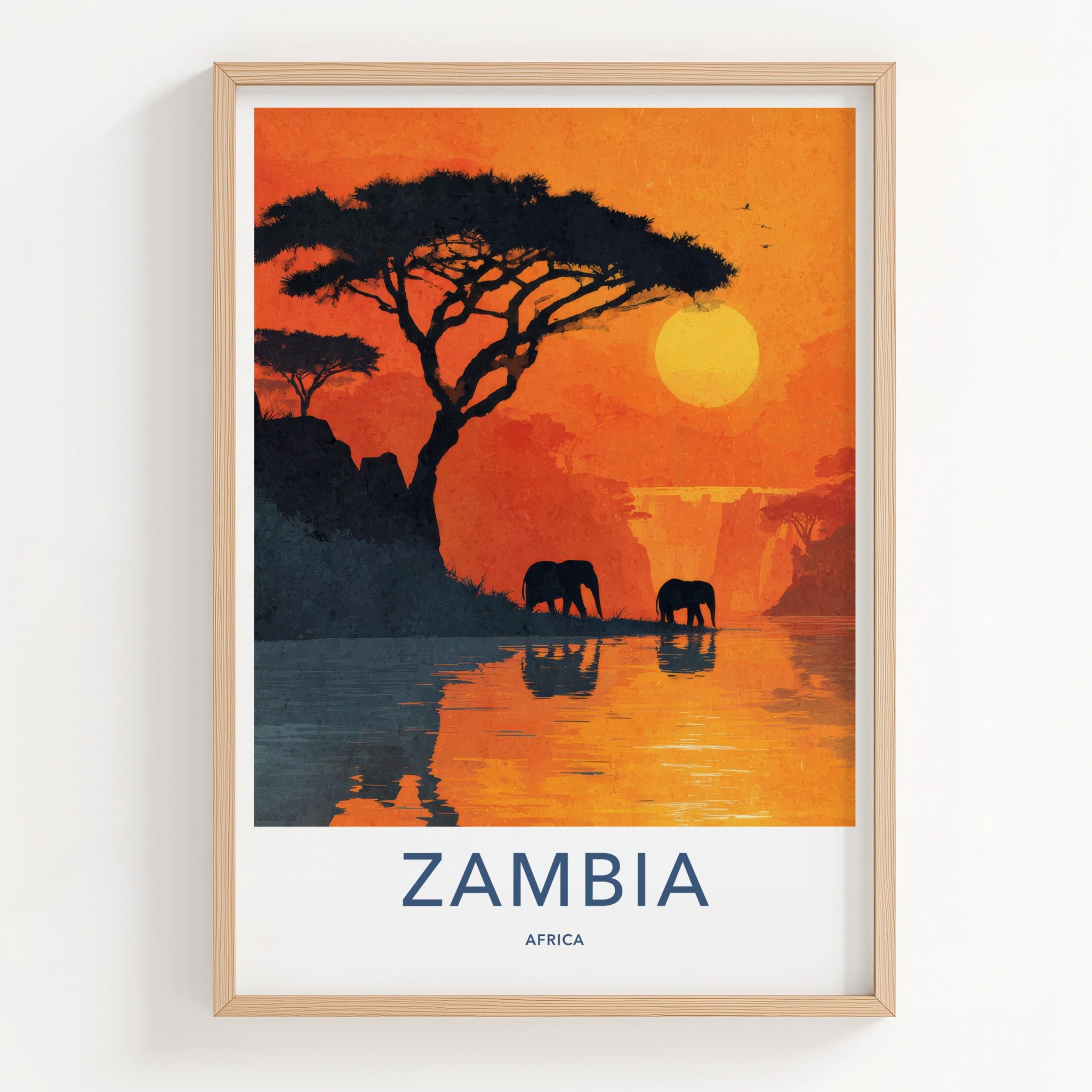 Zambia Poster - Zambia Travel Print - Elephants Sunset Lake Home Decor