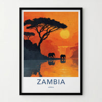 Zambia Poster - Zambia Travel Print - Elephants Sunset Lake Home Decor