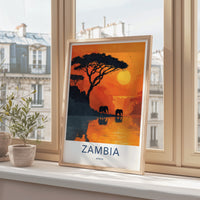 Zambia Poster - Zambia Travel Print - Elephants Sunset Lake Home Decor