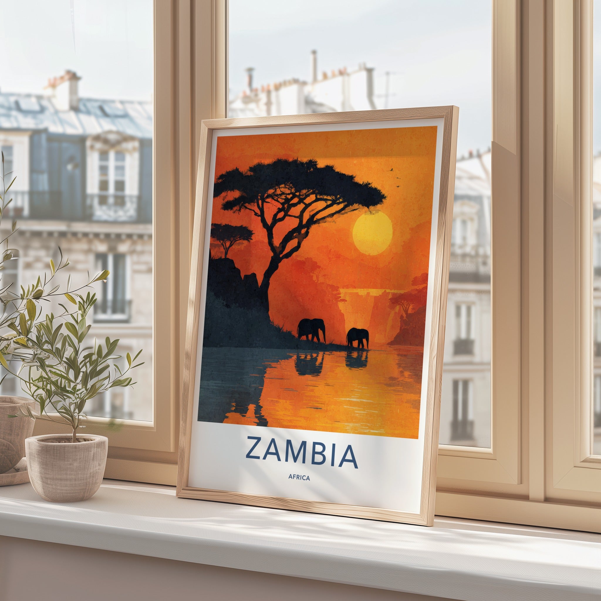 Zambia Poster - Zambia Travel Print - Elephants Sunset Lake Home Decor