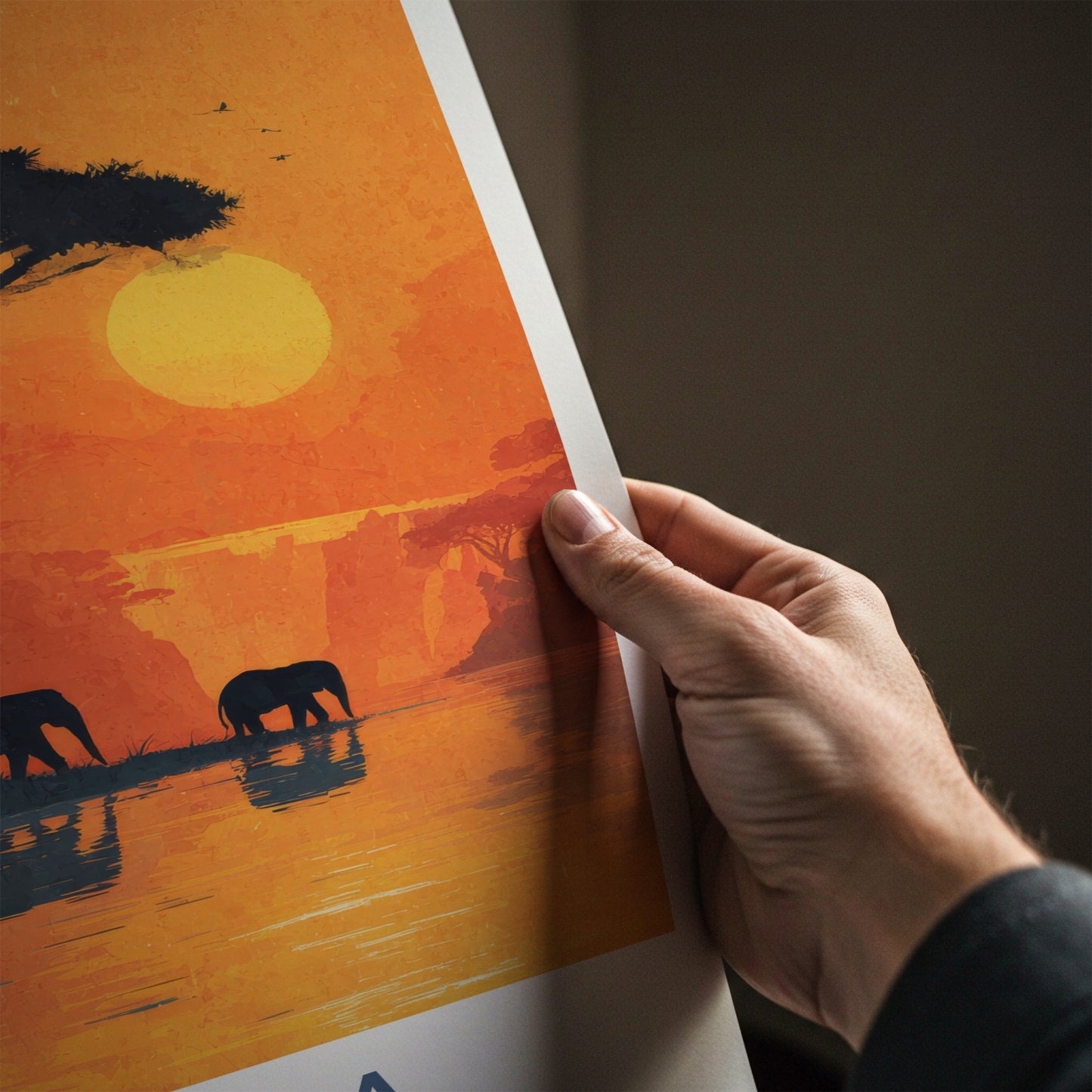 Zambia Poster - Zambia Travel Print - Elephants Sunset Lake Home Decor