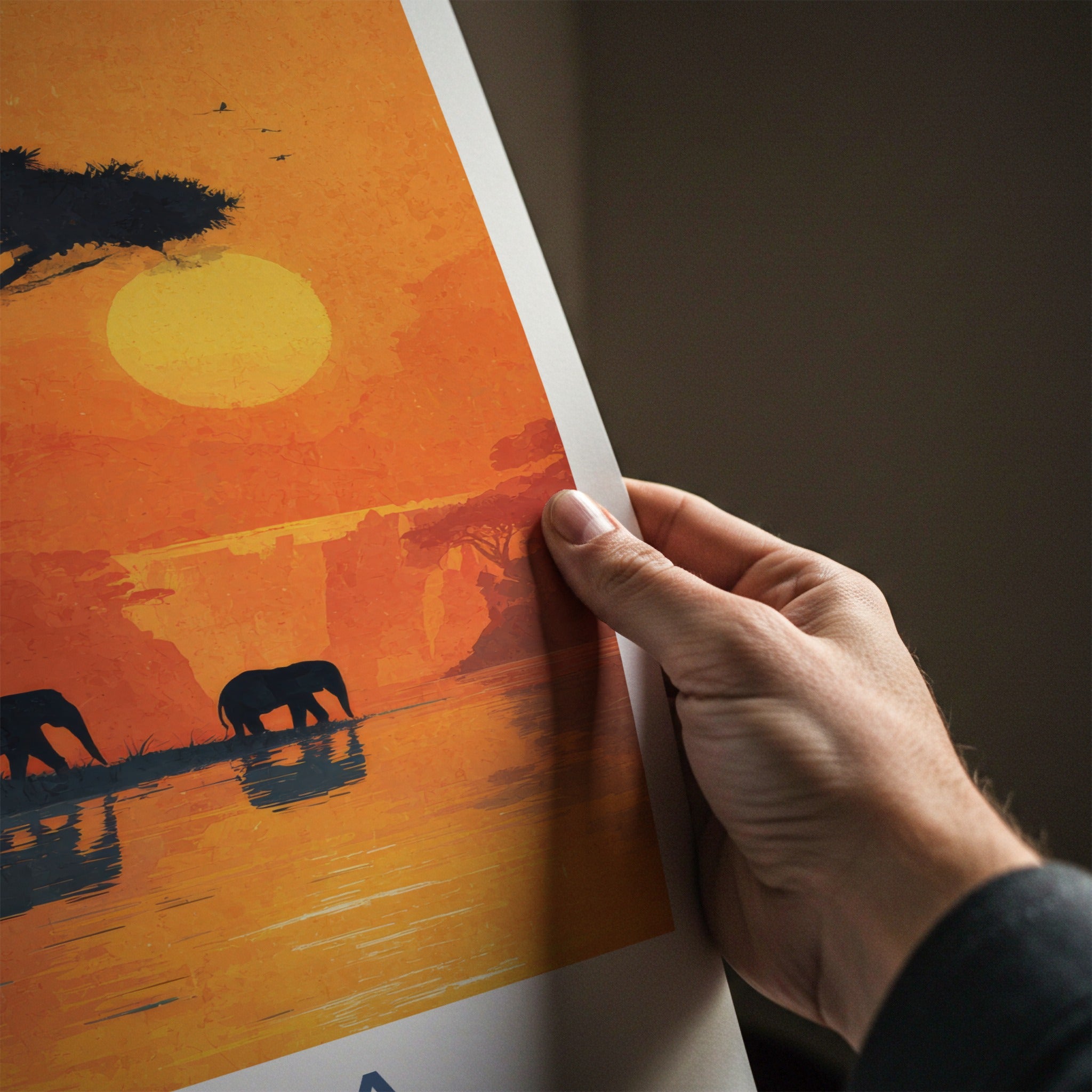 Zambia Poster - Zambia Travel Print - Elephants Sunset Lake Home Decor