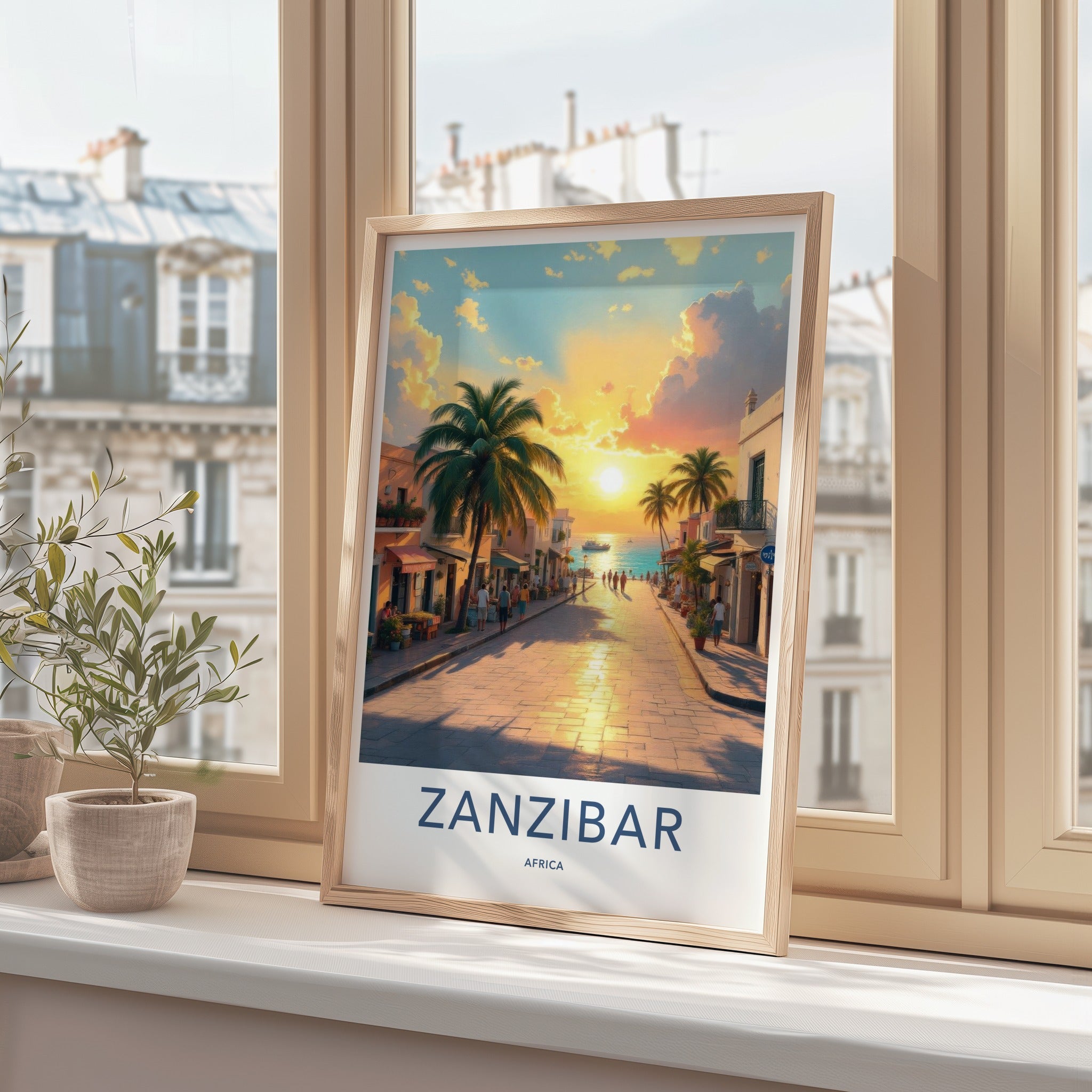 Zanzibar Poster - Tanzania Travel Art - Sunset Coastal Town Home Decor