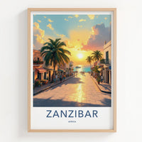 Zanzibar Poster - Tanzania Travel Art - Sunset Coastal Town Home Decor