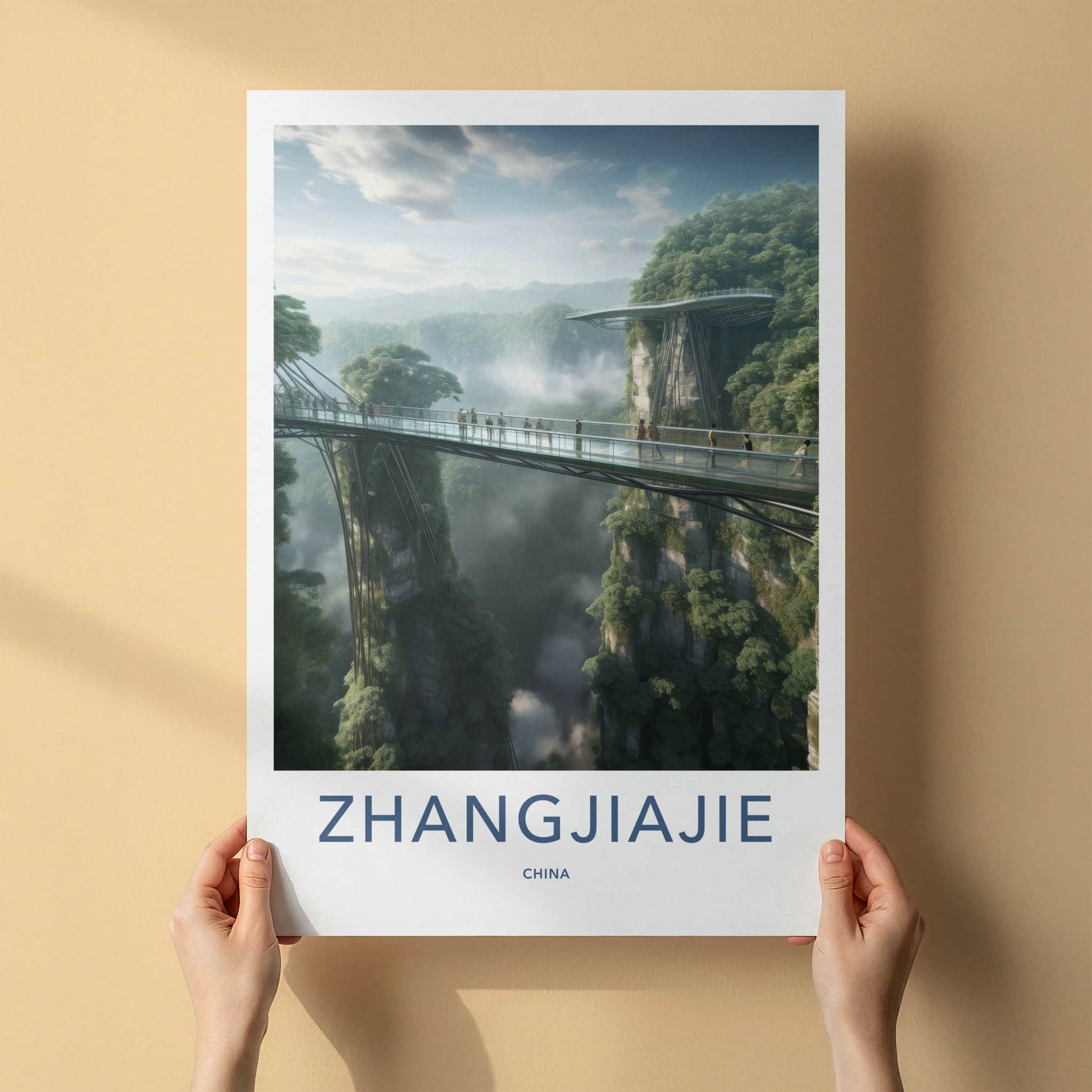 Zhangjiajie Poster - China Travel Art - Misty Gorge Bridge Home Decor