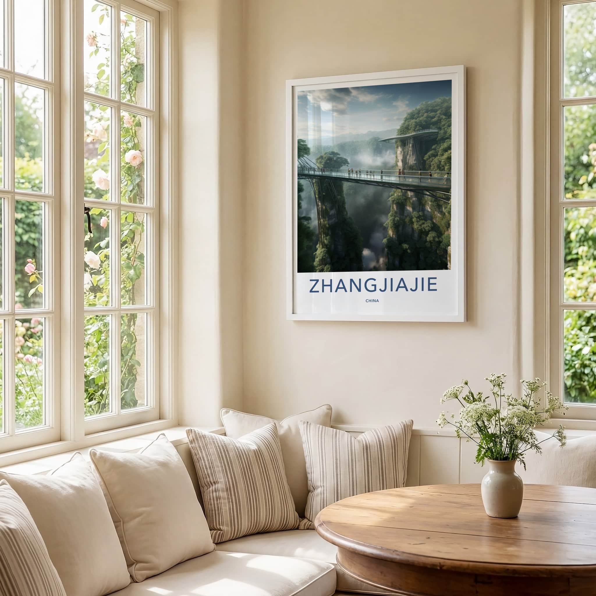 Zhangjiajie Poster - China Travel Art - Misty Gorge Bridge Home Decor