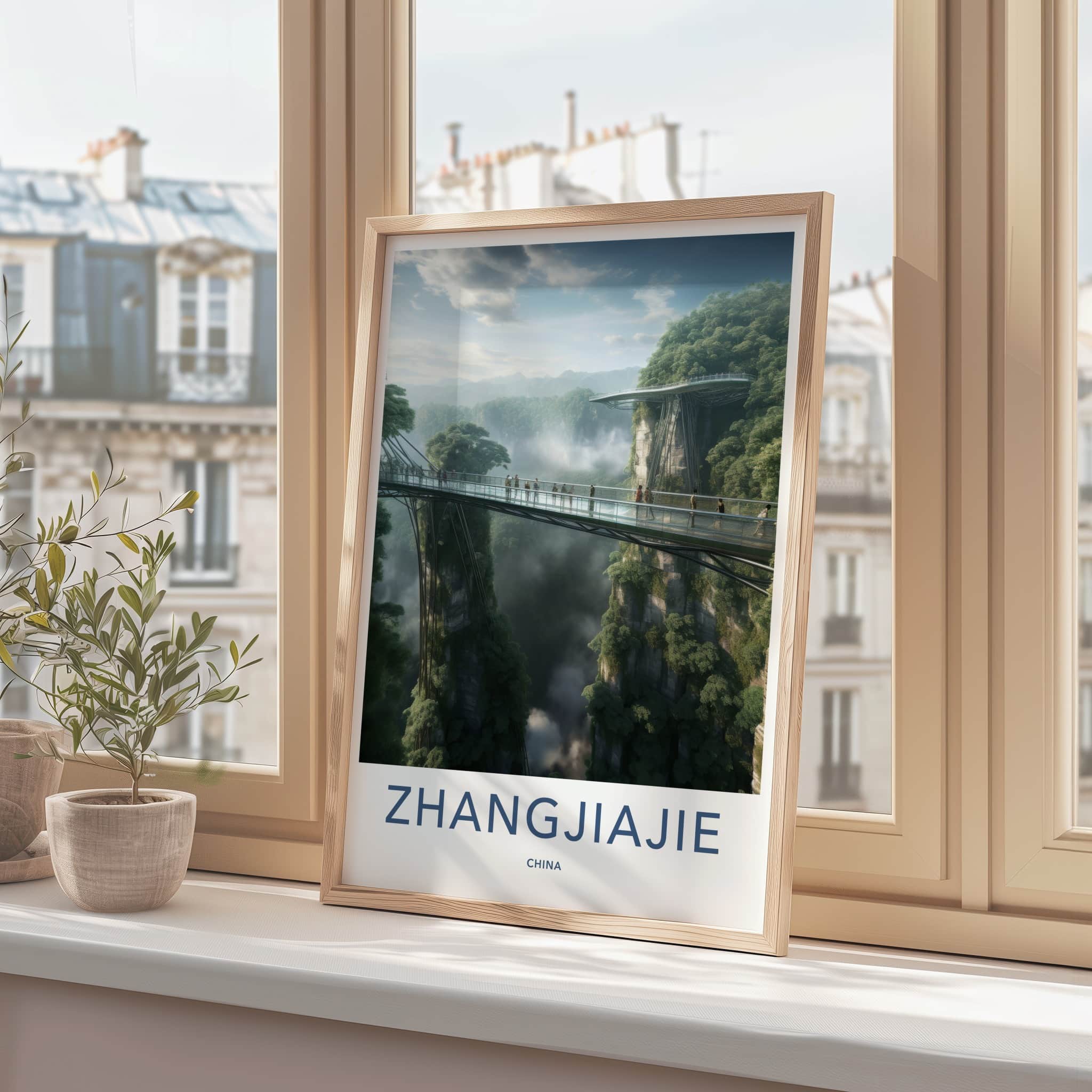 Zhangjiajie Poster - China Travel Art - Misty Gorge Bridge Home Decor