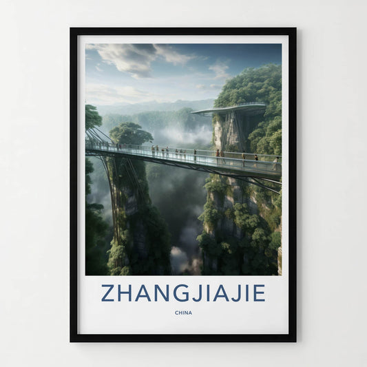 Zhangjiajie Poster - China Travel Art - Misty Gorge Bridge Home Decor